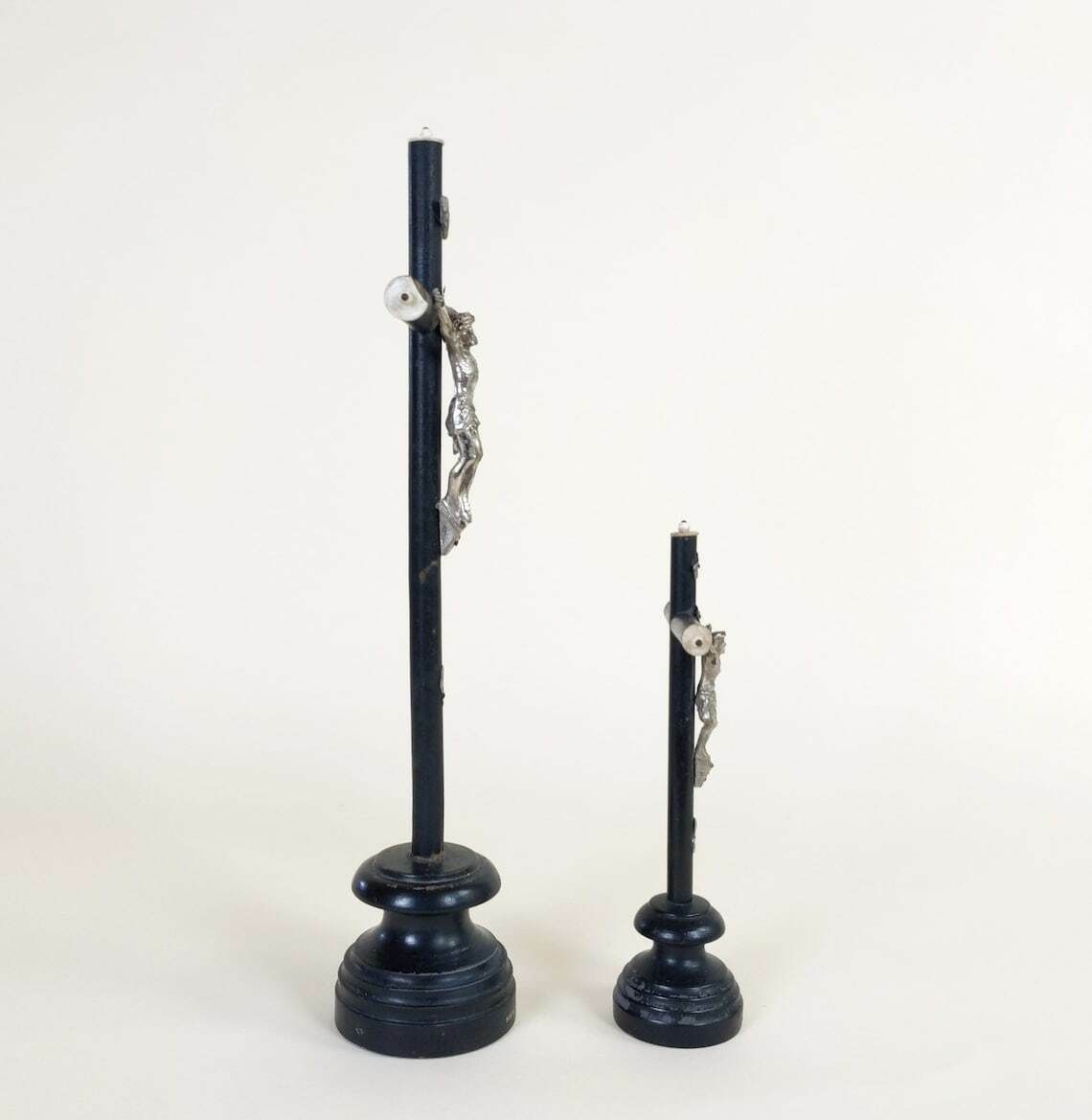 Pair Antique French Ebonized Napoleon 3 Style Wood Metal And Bone Christian Jesus Mourning Crucifix From Lourdes, Catholic Religious Decor photo furniture