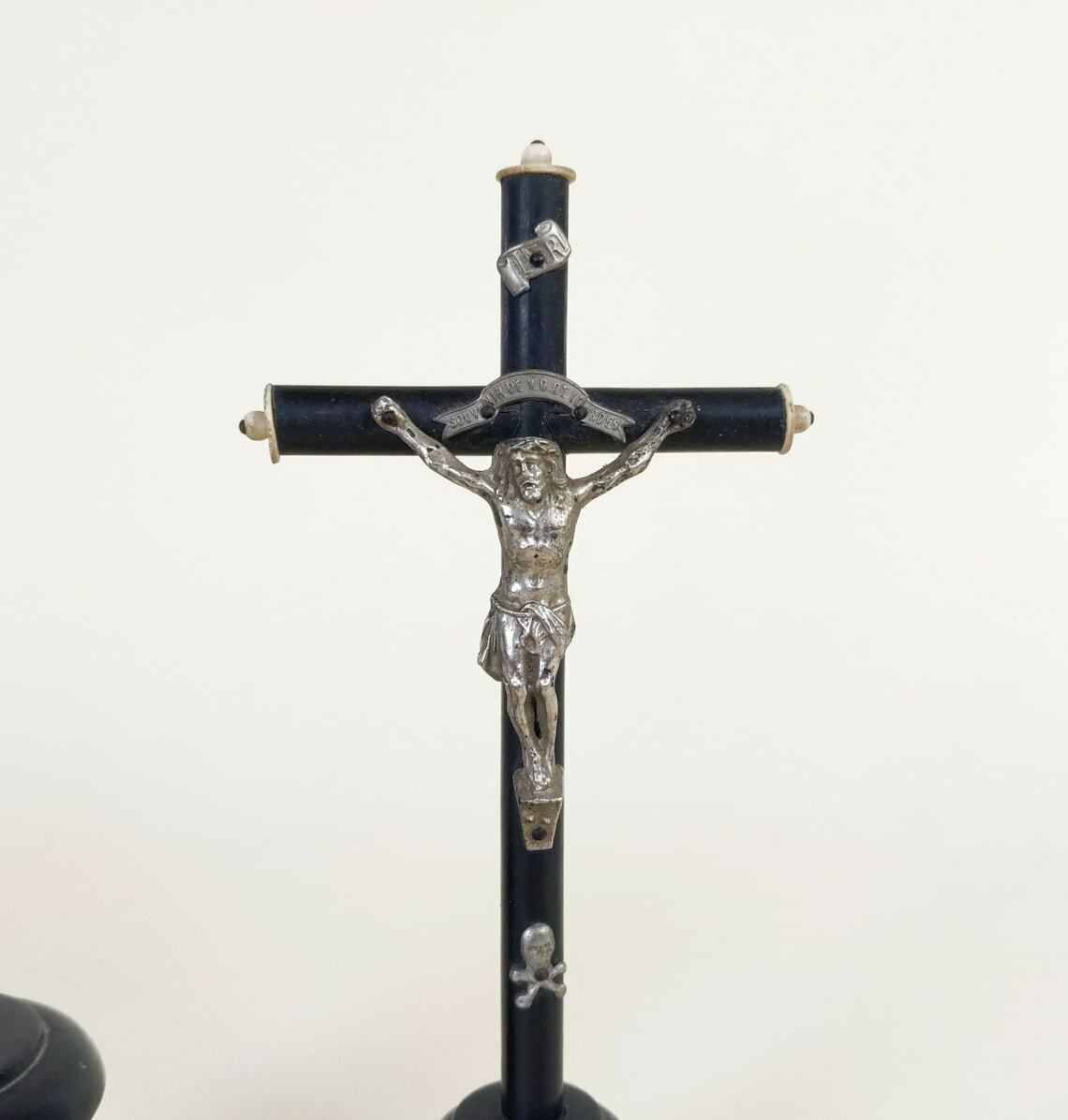 photo furniture Pair Antique French Ebonized Napoleon 3 Style Wood Metal And Bone Christian Jesus Mourning Crucifix From Lourdes, Catholic Religious Decor