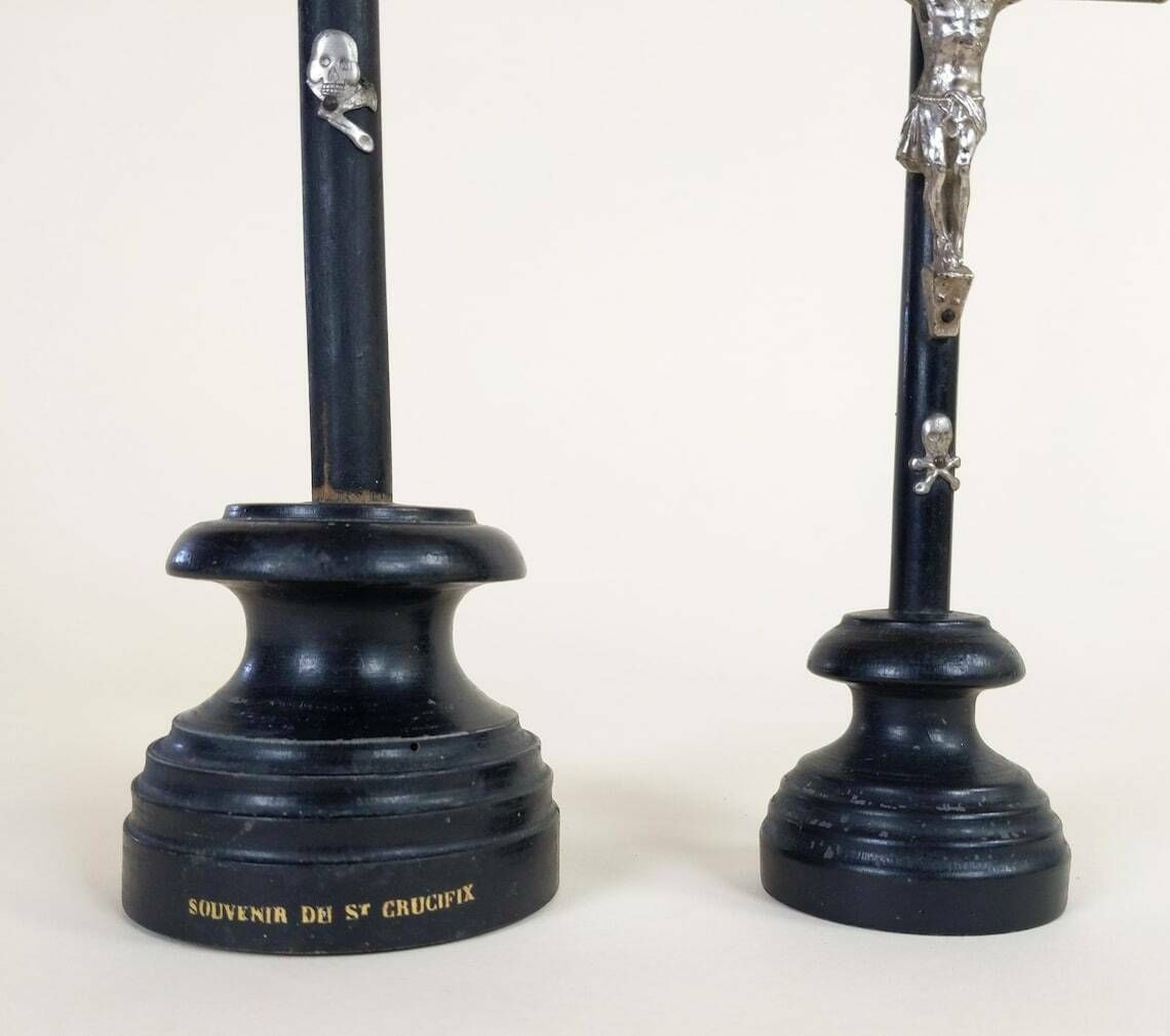 photo for sale Pair Antique French Ebonized Napoleon 3 Style Wood Metal And Bone Christian Jesus Mourning Crucifix From Lourdes, Catholic Religious Decor