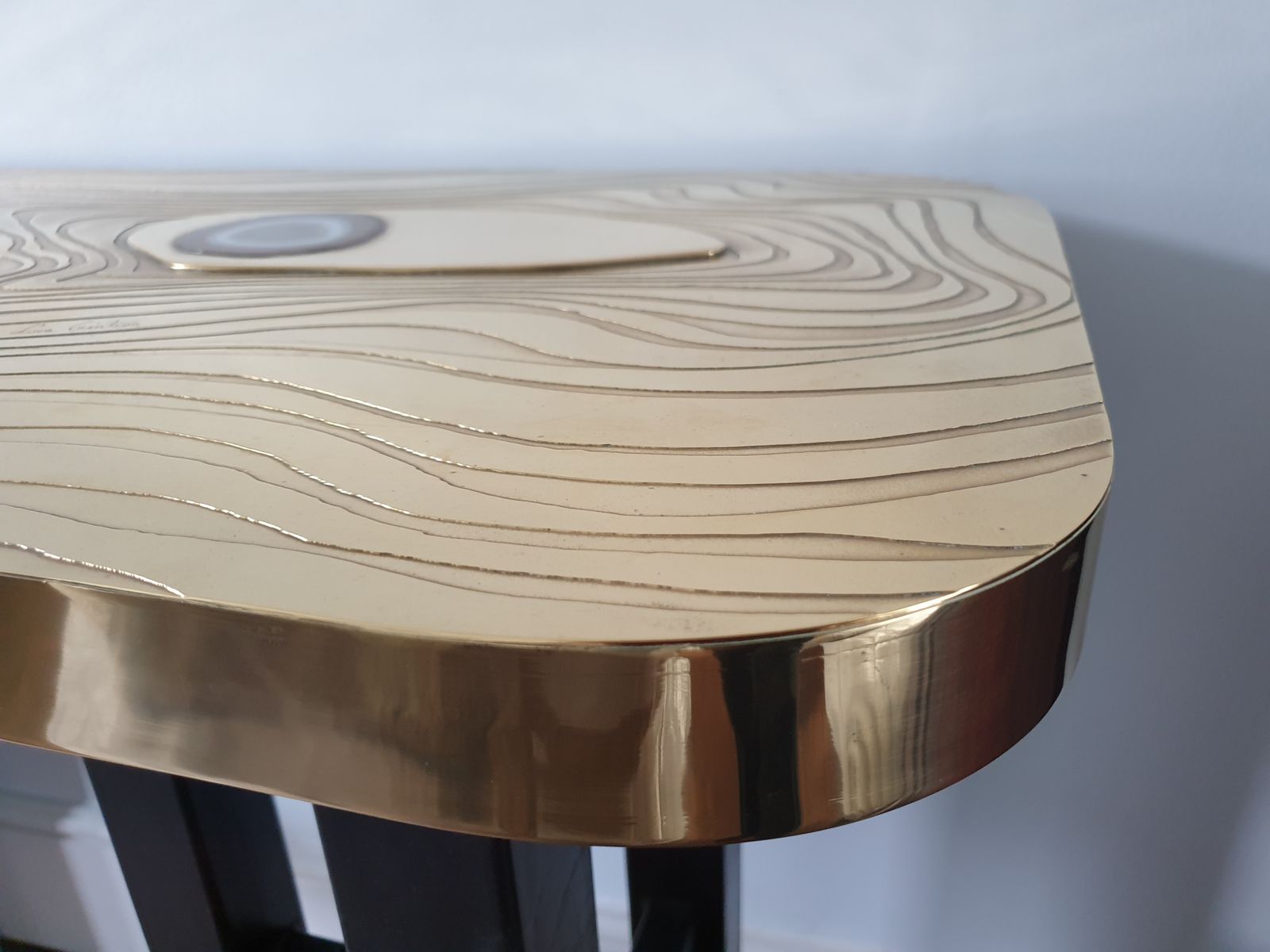 Brass And Lacquered Metal Console With Agate Insert By Lova Creation photo vintage