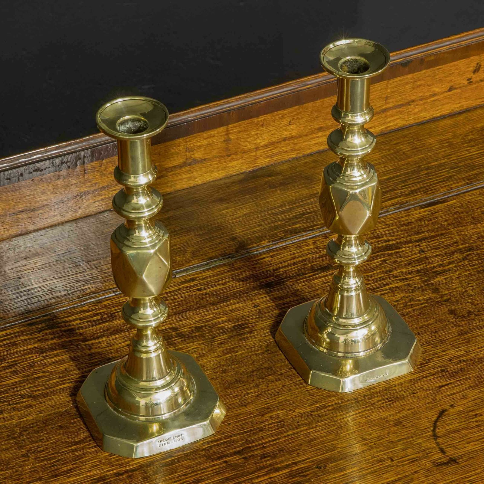 Pair Of Victorian Queen Of Diamond Brass Candlesticks