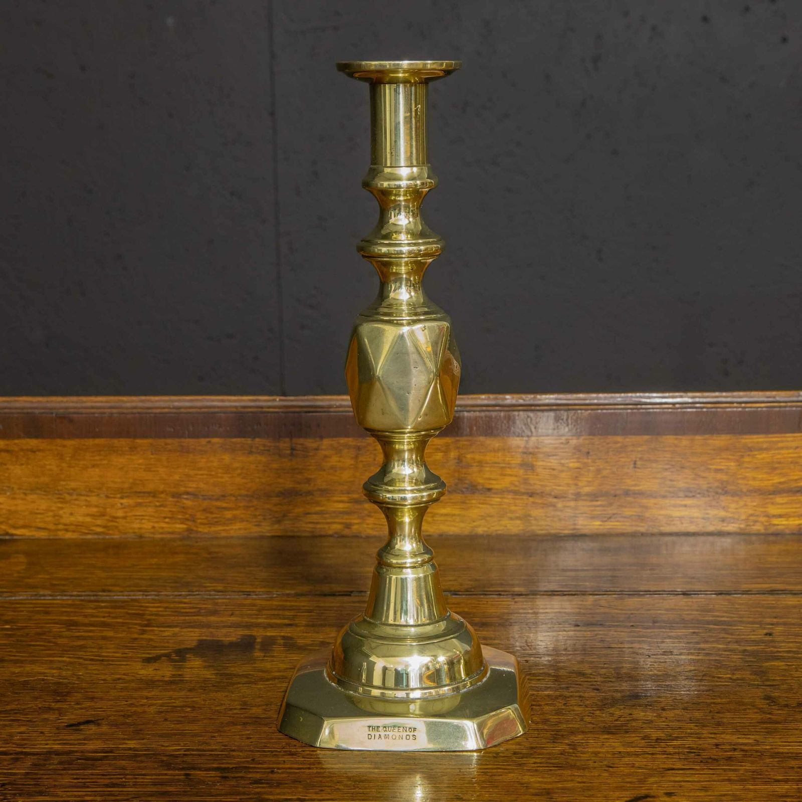 photo for sale Pair Of Victorian Queen Of Diamond Brass Candlesticks