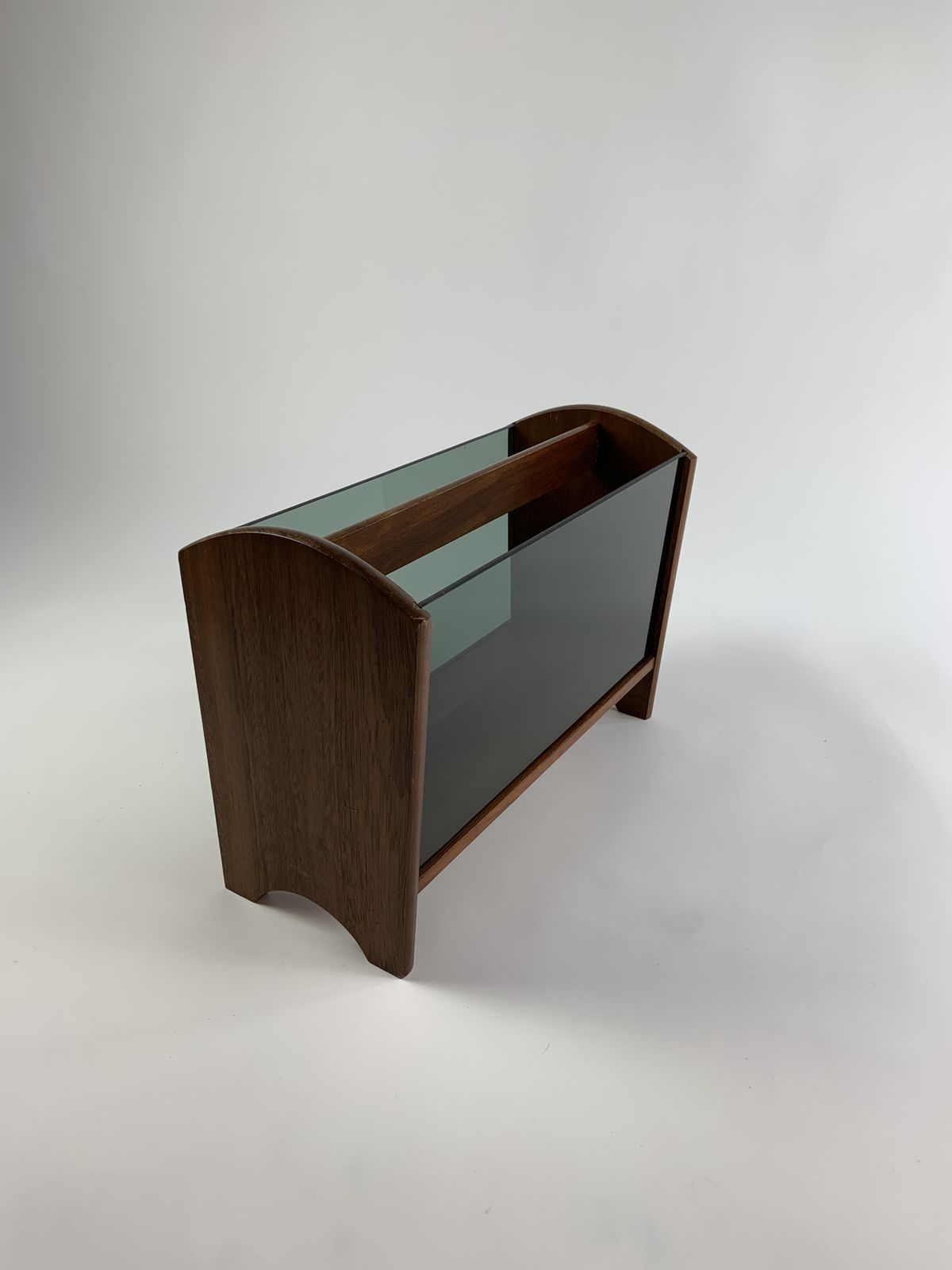 Mid Century Vintage Teak And Smoked Glass Magazine Rack photo vintage