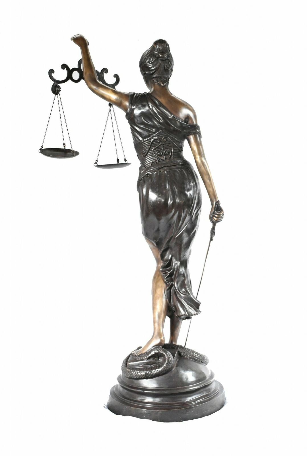 Xl French Bronze Statue Lady Justice Scales Figurine Snake photo for sale