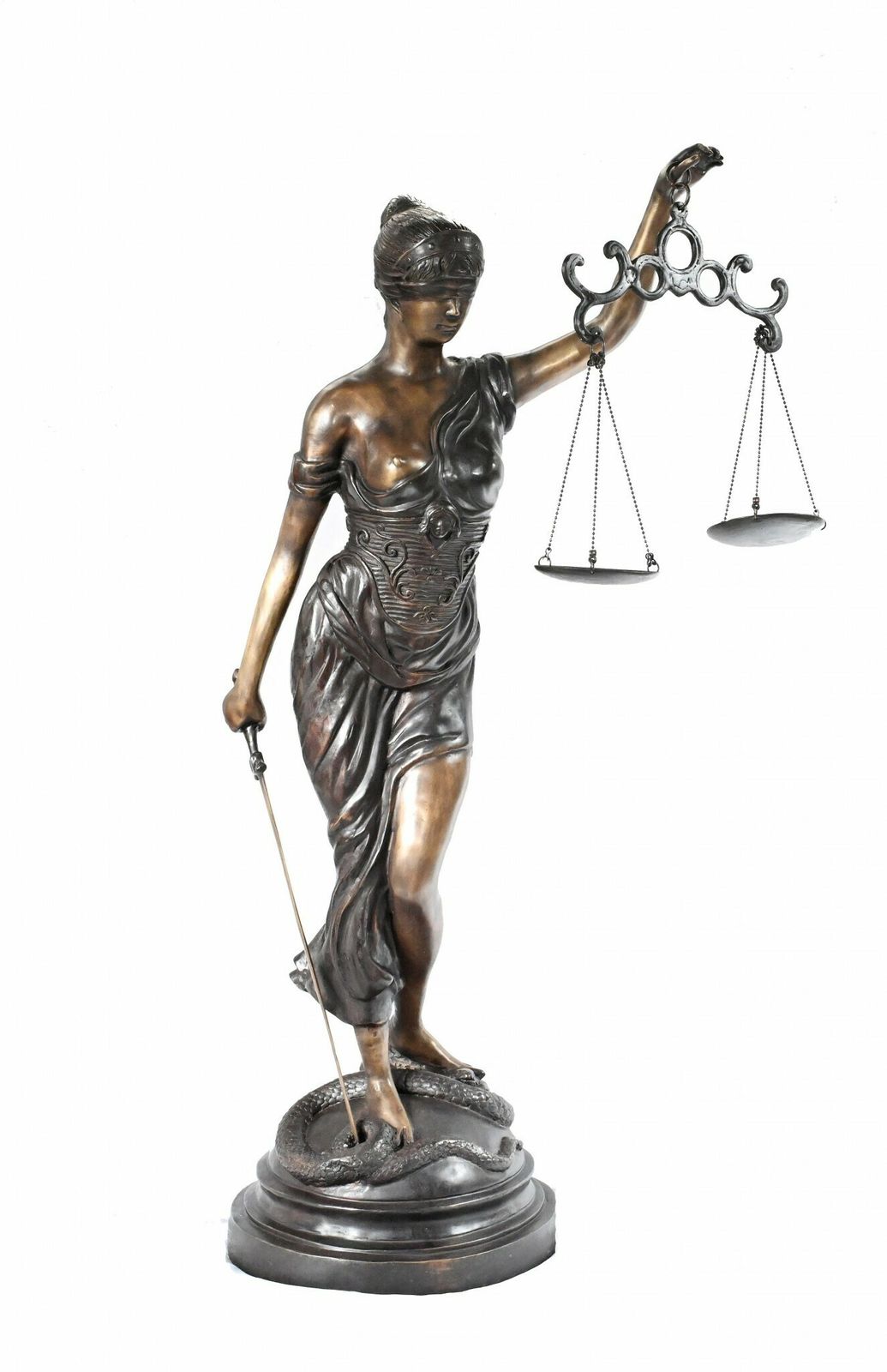 Xl French Bronze Statue Lady Justice Scales Figurine Snake photo vintage