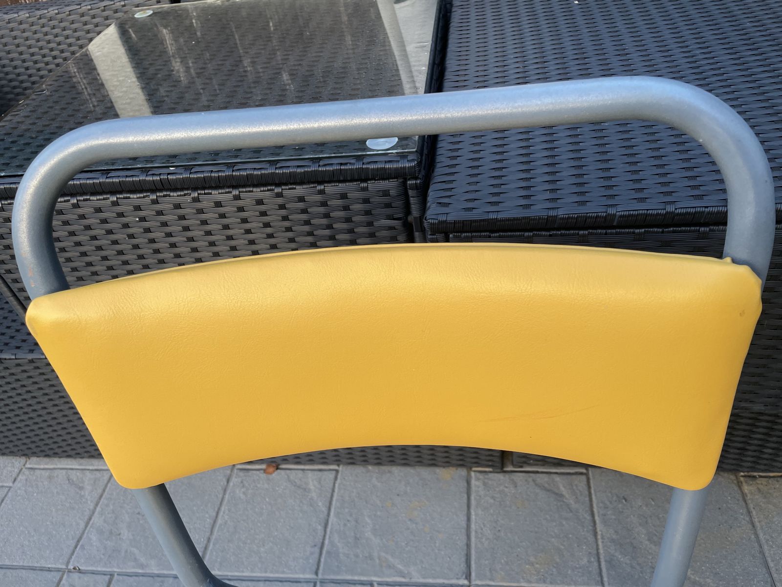 Set Of 4 Retro Metal Frame Chairs Recovered In Yellow Faux Leather. photo furniture