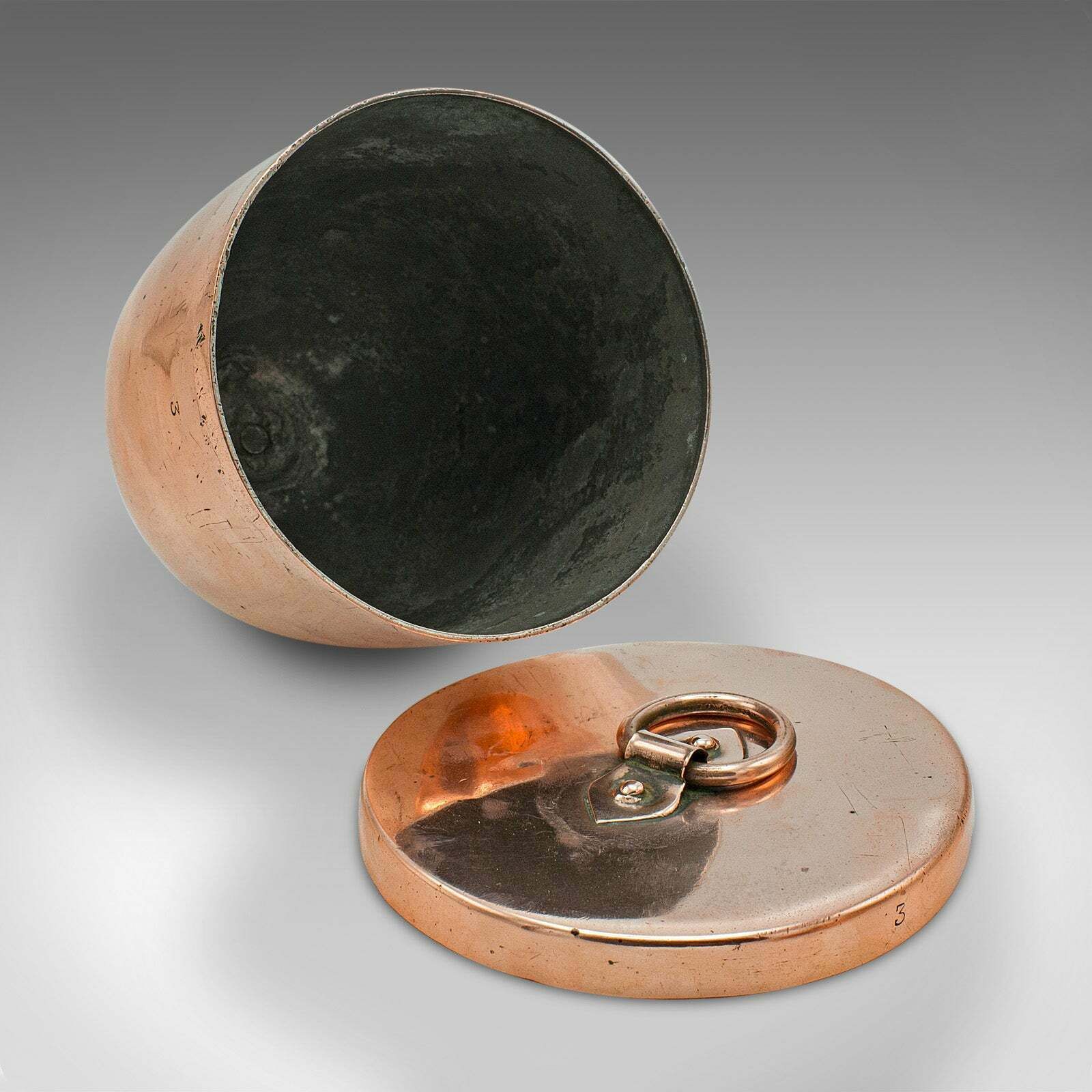 photo for sale Pair Of Antique Ice Cream Moulds, English Copper Lidded Pots, Harrods