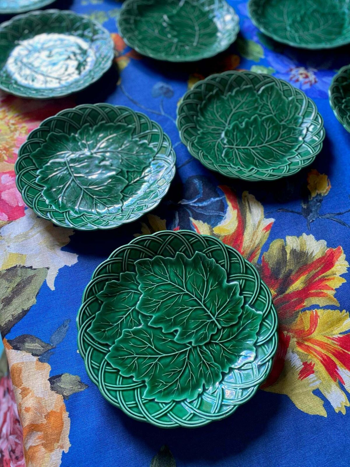 Antique Majolica Green Grape Leaf & Basket Salad Plate Set Of 10