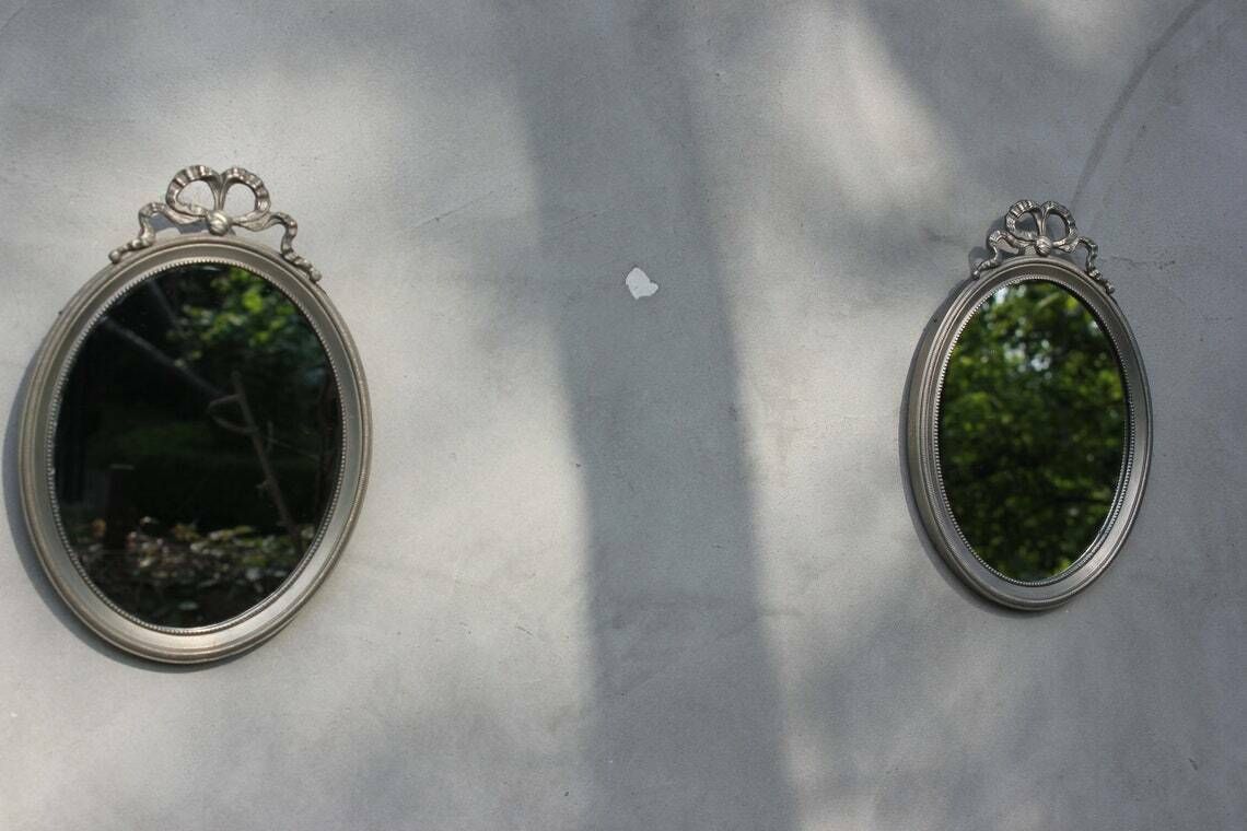 Two Side Wall Mirrors In Oval Pure Tin Frames, Bathroom Or Bedroom Home Interior And Design photo furniture
