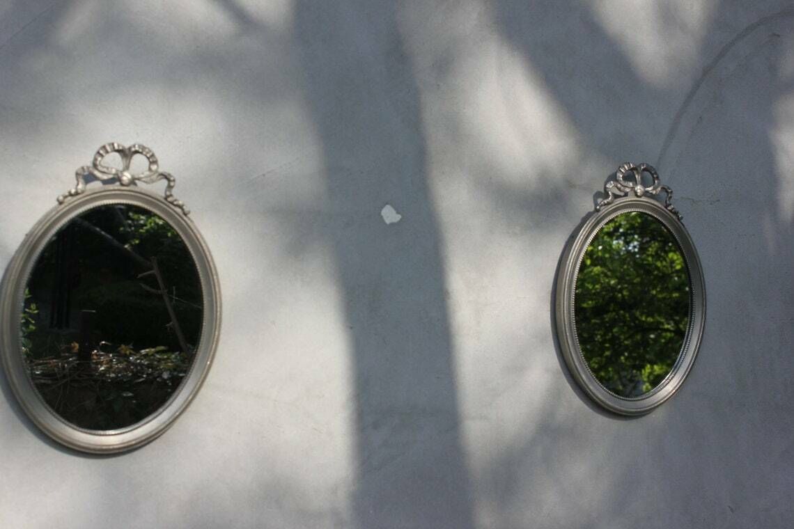 Two Side Wall Mirrors In Oval Pure Tin Frames, Bathroom Or Bedroom Home Interior And Design photo for sale