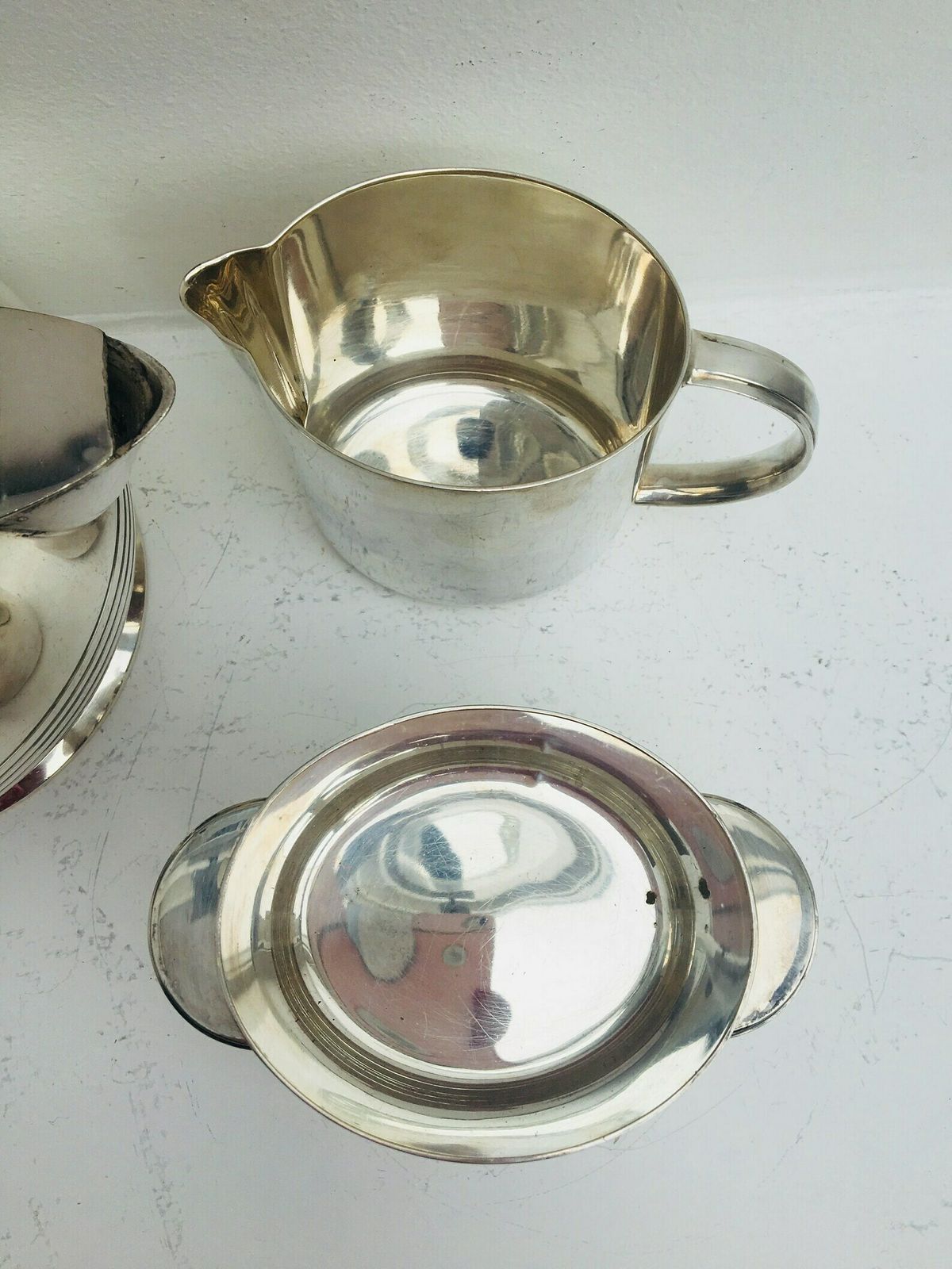 Art Deco Tea Set, Elkington & Co Cardinal Plate Silver Plated Vintage 1920s Butterscotch Bakelite Handles Tea Pot, Creamer Sugar Bowl 1920 photo vintage