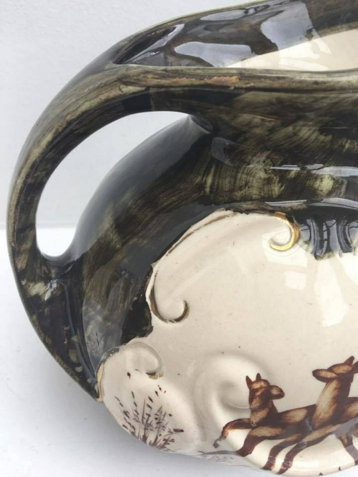 Vintage Large Ceramic Pitcher , Green Brown Glaze Gold Rim Handpainted, Flying Bird Duck Geese, Montagne H Bequet, Belgium Jug Hubert Bequet photo Home Decor