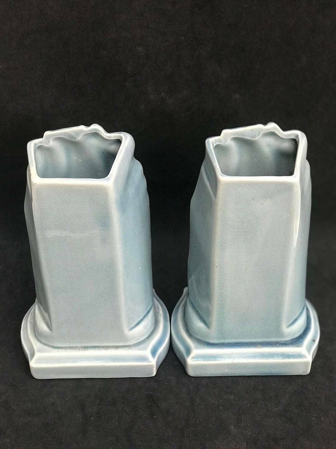 Pair Small Vases Bleu Sarreguemines Ceramic 1920's French Pottery Sailing Boats Coastal Decor Beach House Table Decor Gift For Her photo vinterior