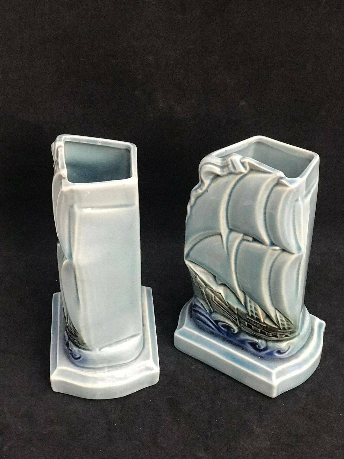 photo for sale Pair Small Vases Bleu Sarreguemines Ceramic 1920's French Pottery Sailing Boats Coastal Decor Beach House Table Decor Gift For Her