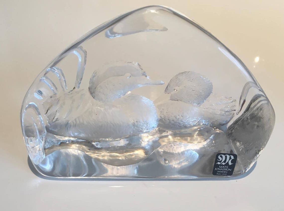 Glass Paperweight Mats Jonasson Designer Royal Krona Lead, Crystal Glass Etched Ducks, Swedish Art Glass, 1970s Sculpture photo for sale