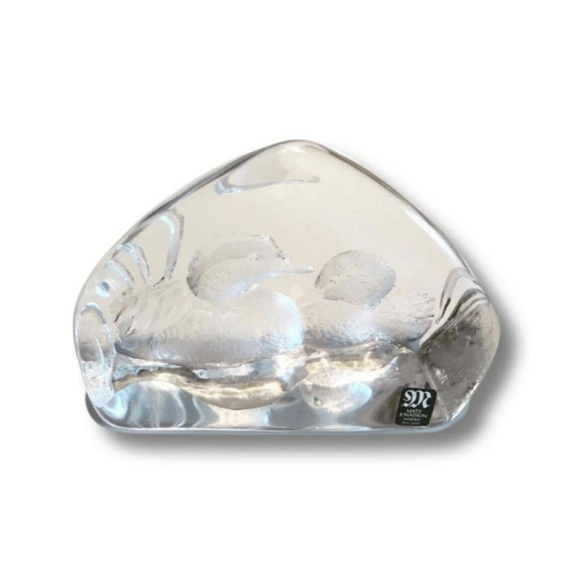 Glass Paperweight Mats Jonasson Designer Royal Krona Lead, Crystal Glass Etched Ducks, Swedish Art Glass, 1970s Sculpture photo Home Decor