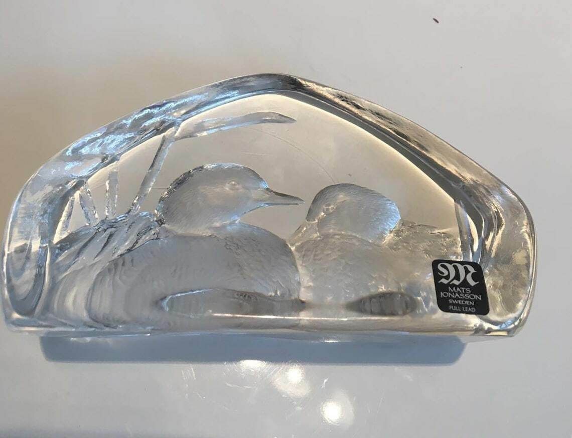 Glass Paperweight Mats Jonasson Designer Royal Krona Lead, Crystal Glass Etched Ducks, Swedish Art Glass, 1970s Sculpture photo 88.0