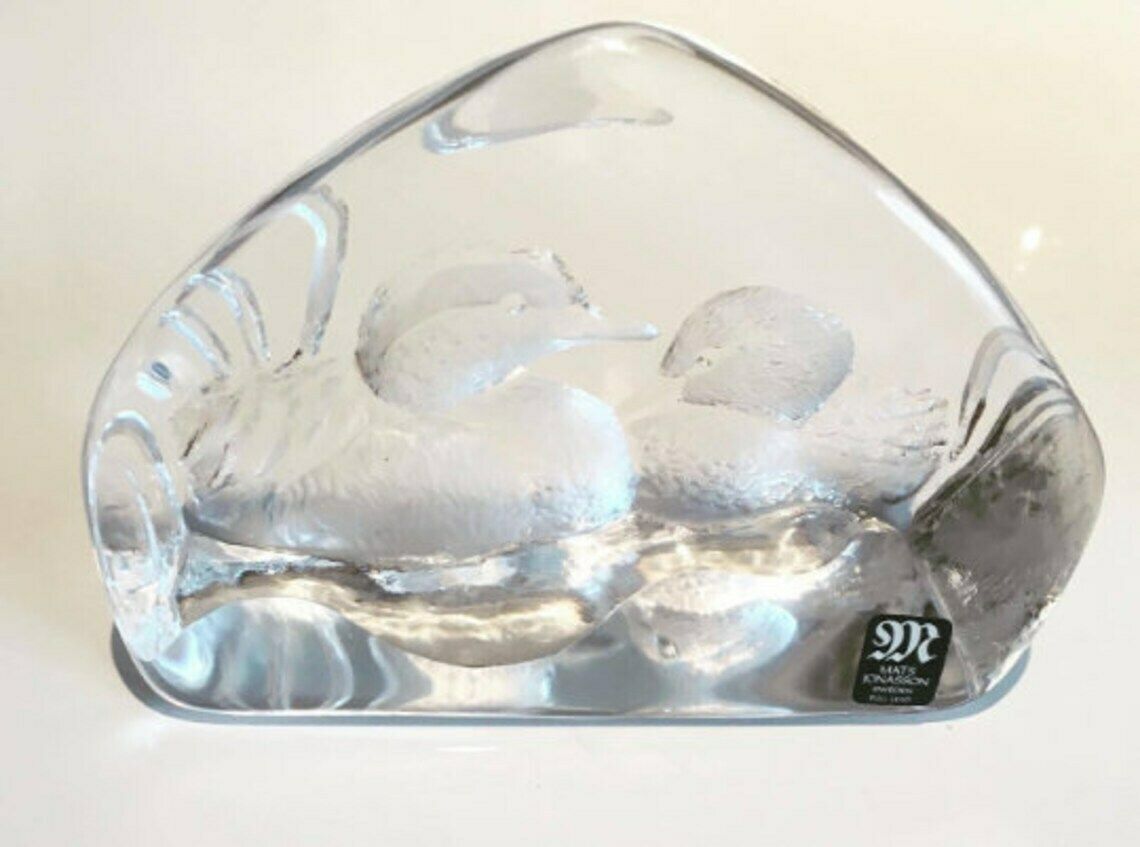 Glass Paperweight Mats Jonasson Designer Royal Krona Lead, Crystal Glass Etched Ducks, Swedish Art Glass, 1970s Sculpture photo vintage