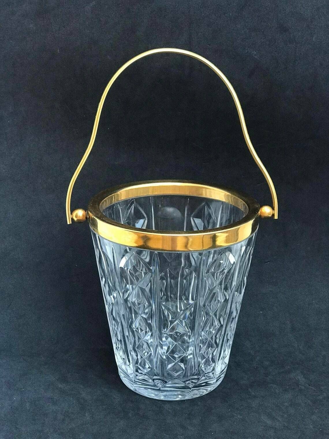 Ice Bucket Val Saint Lambert Heavy Cut Crystal With Golden Metal Handles Mid Century Barware Mixology Tools Bar Cart Hollywood Regency photo furniture