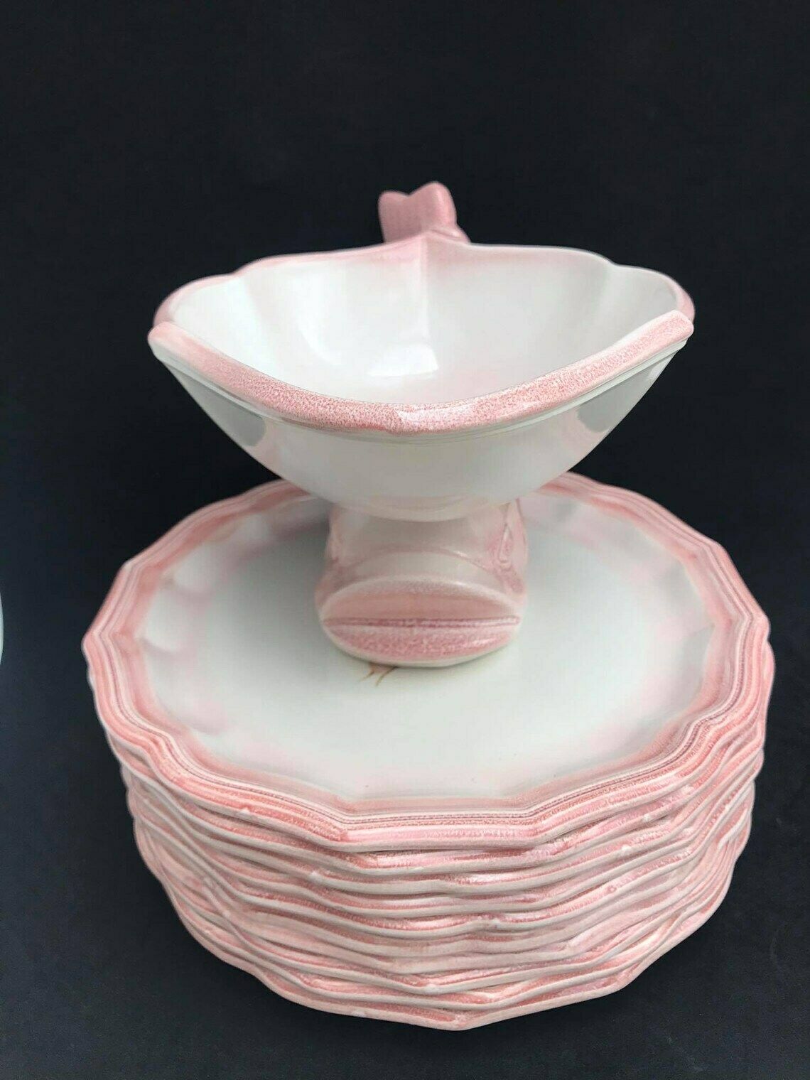 Dessert/ Entree/Cheese Plates Dishes Soft Pink Vintage Majolica Dinnerware Set, Made In The Mid Century By Salins Les Bains Hand Painted photo vintage
