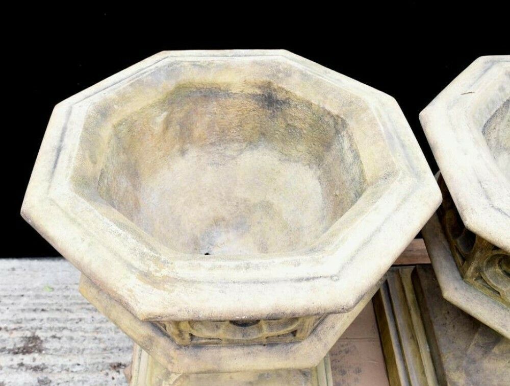 Gothic Stone Garden Urns   Octagonal On Pedestal Base Architectural photo vintage