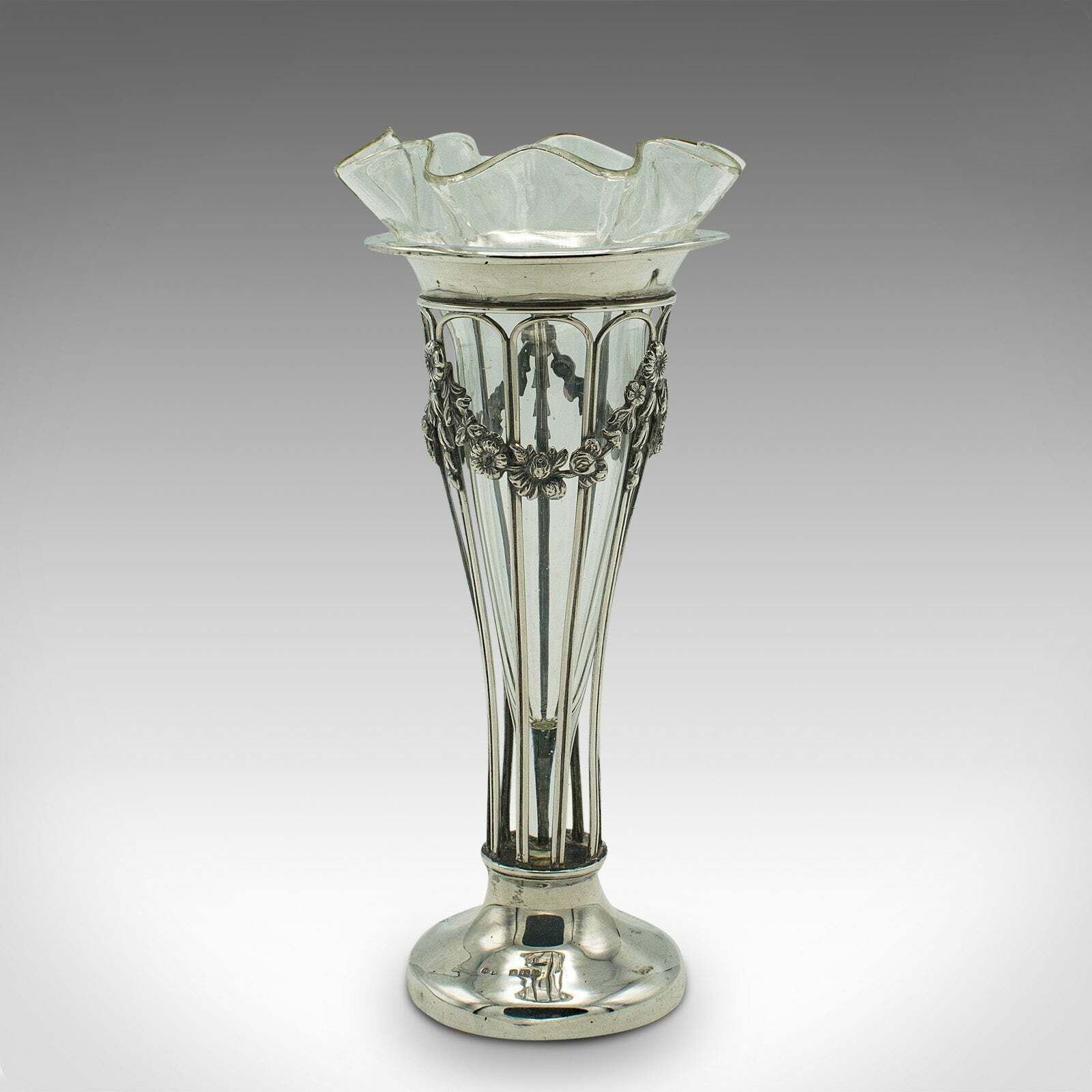 Small Antique Stem Vase, English, Silver, Glass, Decor, Art Nouveau, Edwardian photo 795.0
