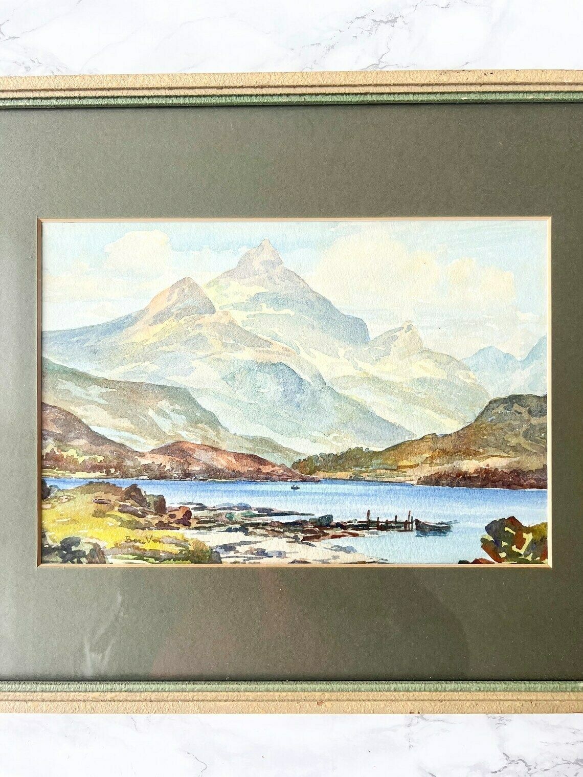 Signed Old Watercolor Representing A Body Of Water In A Mountain Landscape   Lakescape Sea Pond   Framed Painting photo for sale
