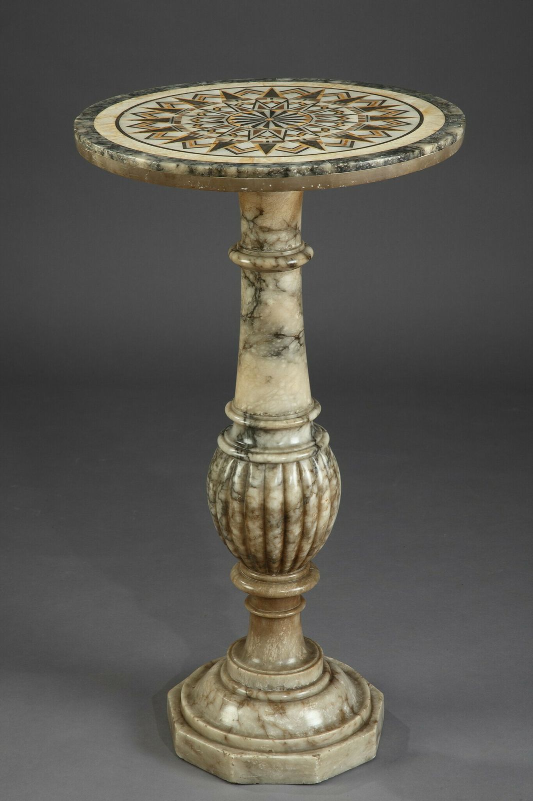 Pedestal Table In Alabaster With Marble Inlaid Top In Italian Style, 16th Century