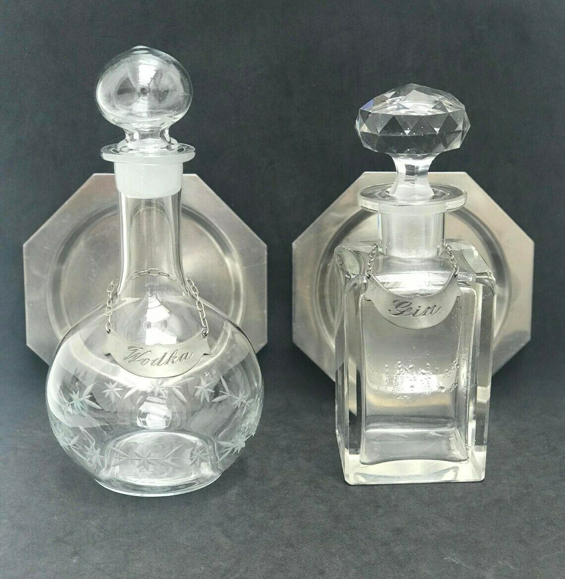 photo for sale Likeurset – 2 Glazen Flessen Voor Gin, Wodka, Whisky, Porto En Meer – Hollywood Regency Baraccessoire – Cadeau Voor Hem