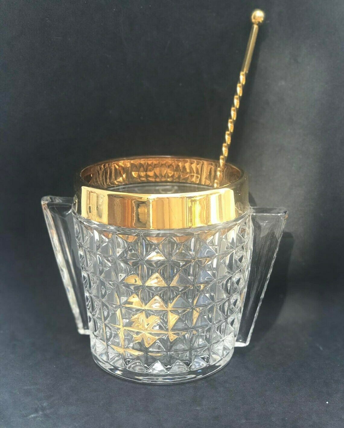 Ice Bucket Heavy Glass Molded With Handles Mid Century Retro Bar Accessories Mcm Gift For Him Hollywood Regency Gold Bar Decor photo furniture
