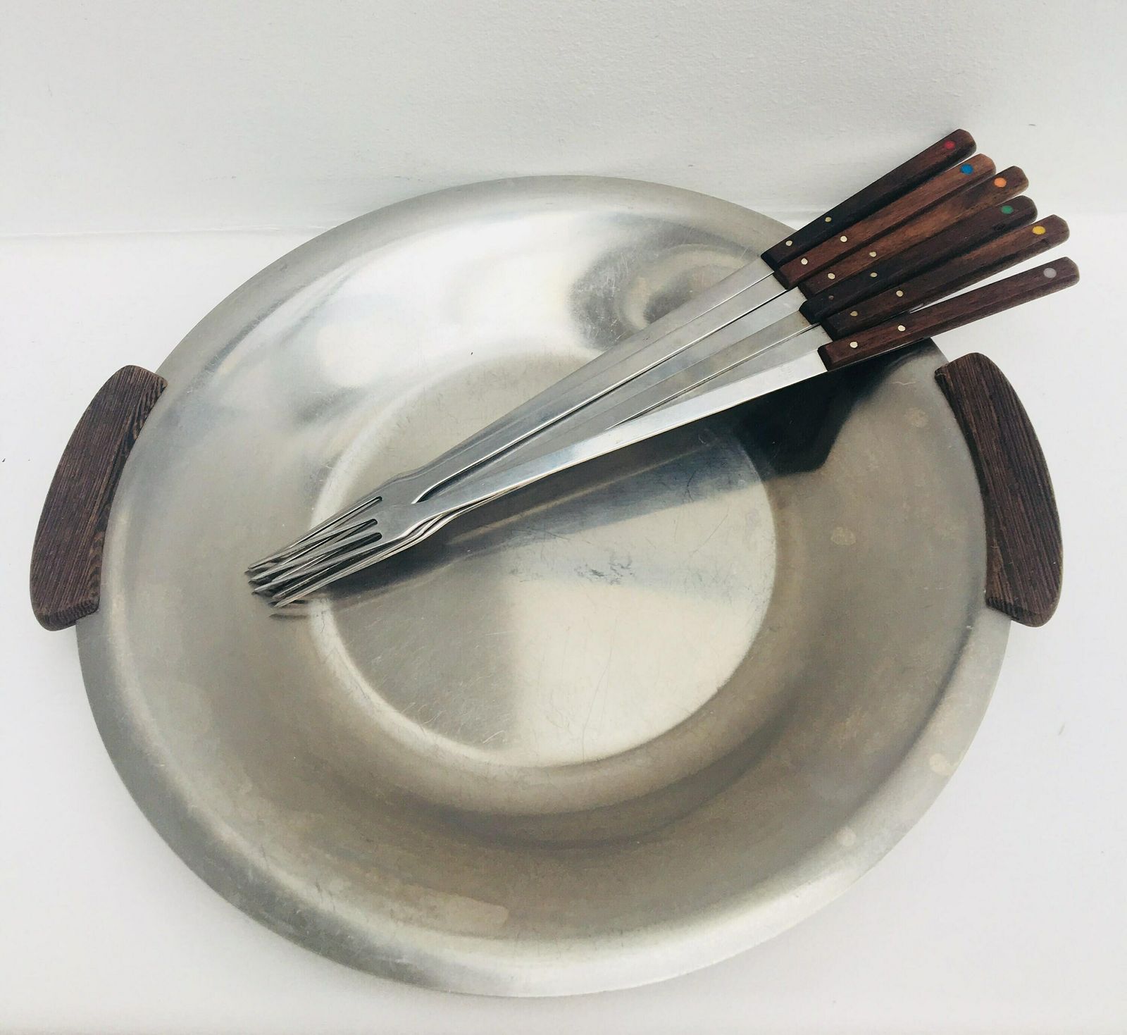 photo for sale Fondue Forks Set Cutlery Barbecue Accessories Raclette Plate, Scandinavian Tray Mid Century Fondue Bourguignonne Meat Tray Chocolate 60s