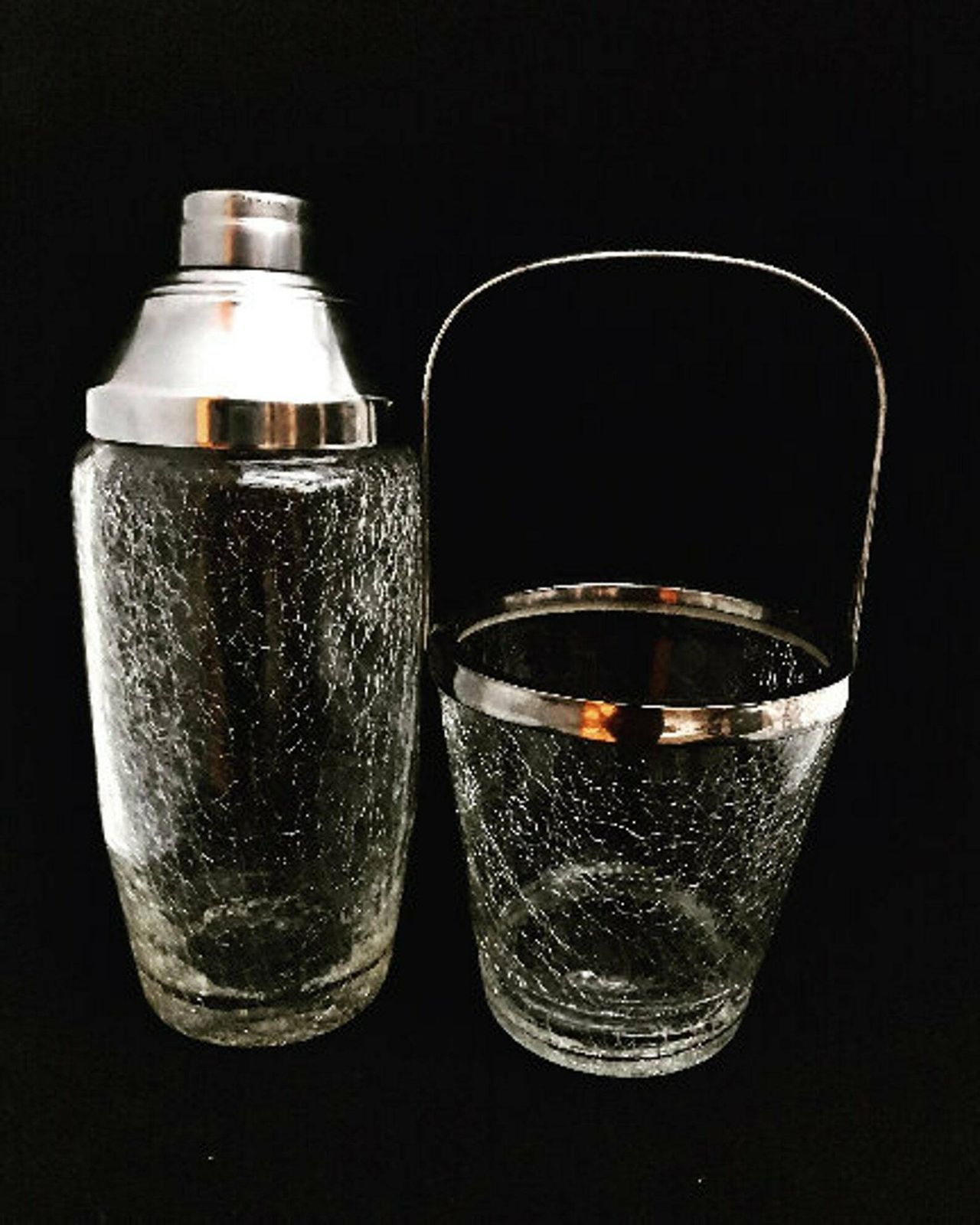Vintage Set Bar Cocktail Shaker And Ice Bucket Stainless Steel And Crystal Bar Accessories Mid Century Martini Cocktail Mixing Glass