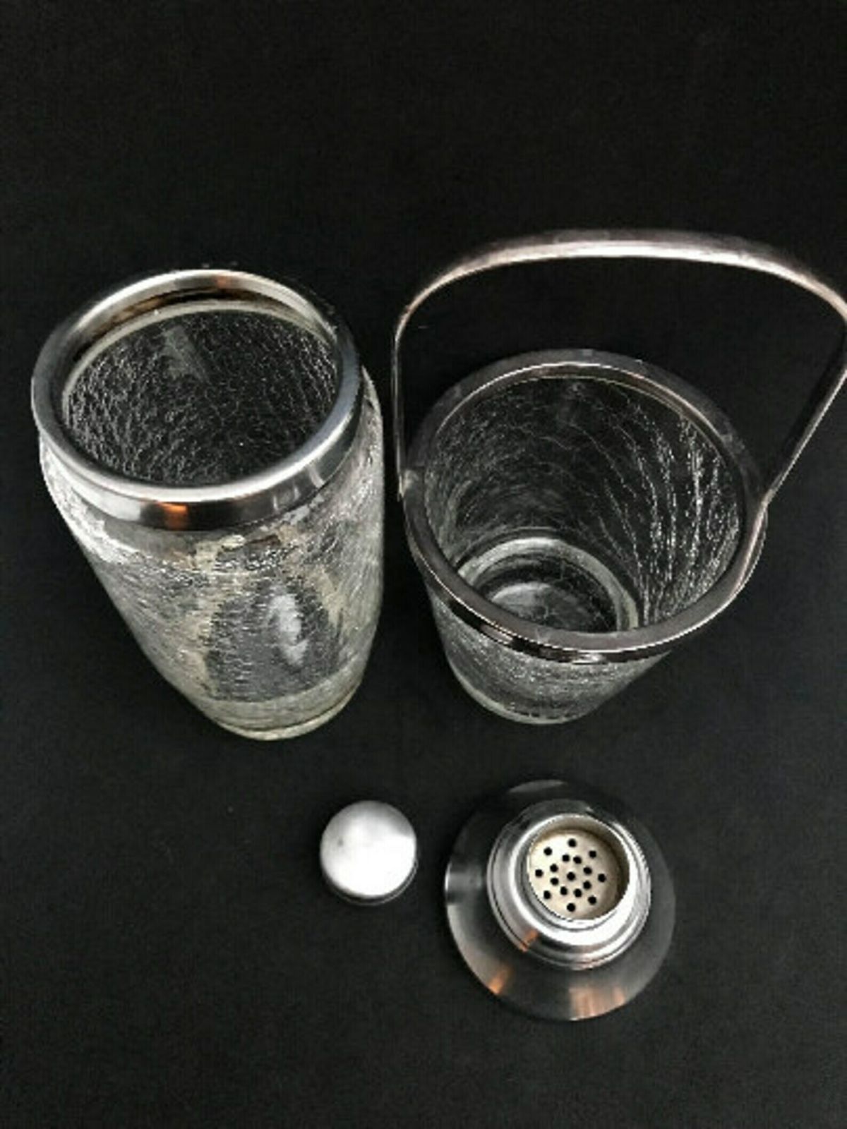 Vintage Set Bar Cocktail Shaker And Ice Bucket Stainless Steel And Crystal Bar Accessories Mid Century Martini Cocktail Mixing Glass photo for sale