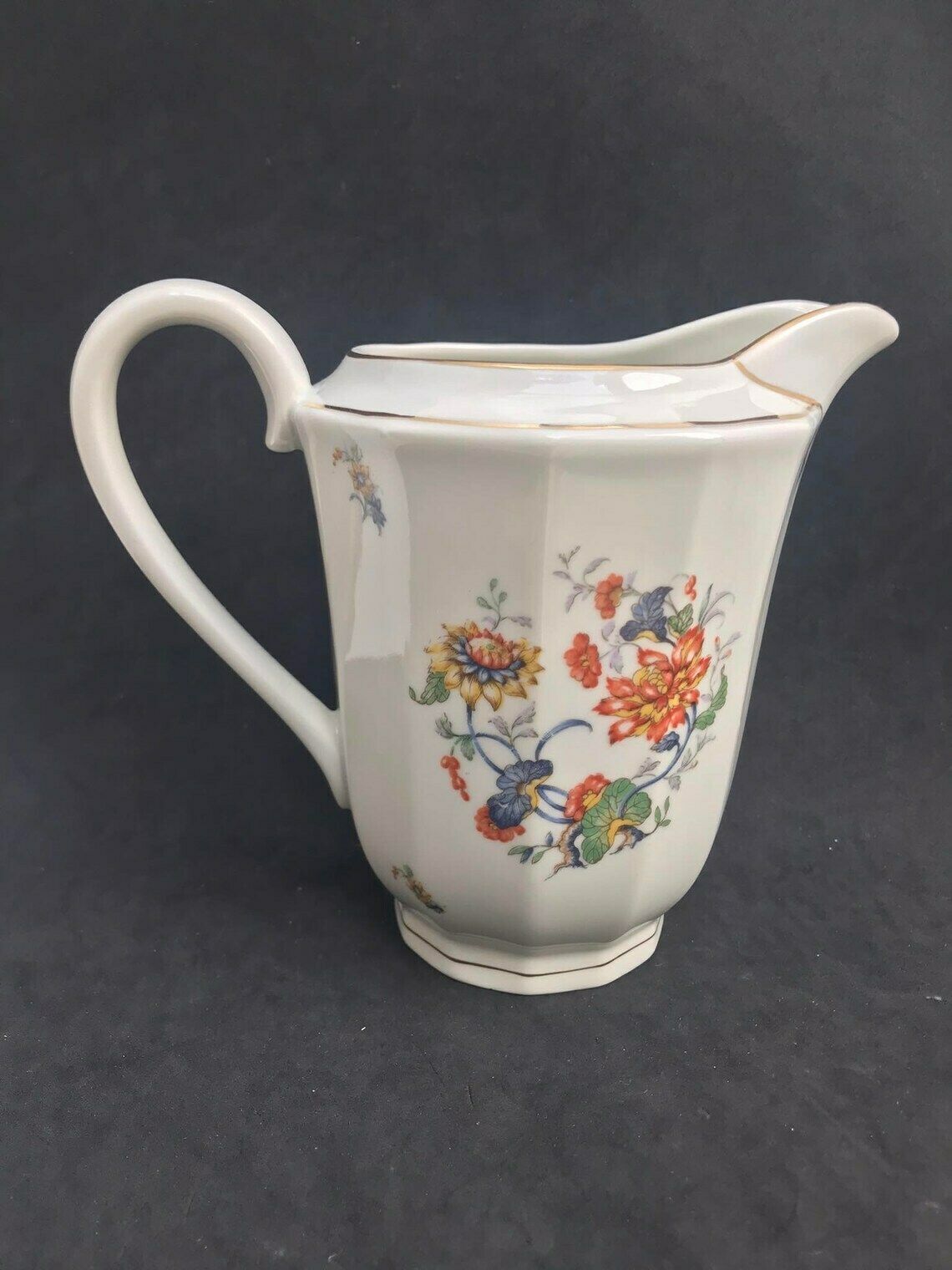 Porcelain Milk Jug Large Creamer Floral Milk Pot Tea Coffee 1940s Porcelain De Boudour Cerabel Belgium Wedding Gift Illustration Gold Rim photo 142.0