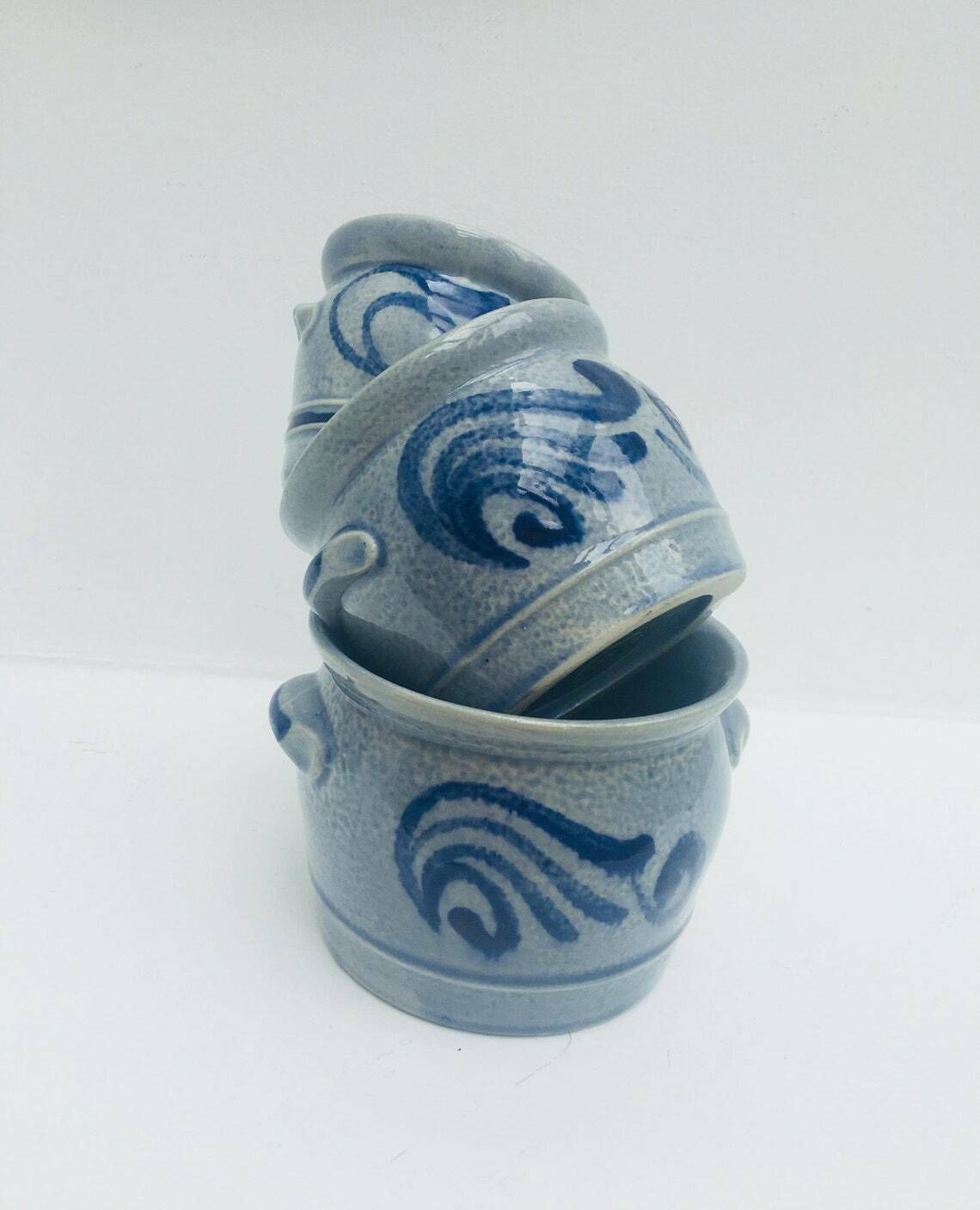 Westerwald Salt Glazed Cobalt Blue Set 3 Plant Pot Indoor Grey Plant Pot Cache Pot Outdoor Pottery, Blue Cobalt Grey Ceramic Stoneware. photo for sale