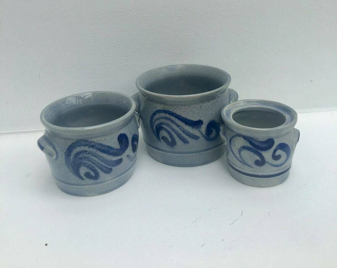 Westerwald Salt Glazed Cobalt Blue Set 3 Plant Pot Indoor Grey Plant Pot Cache Pot Outdoor Pottery, Blue Cobalt Grey Ceramic Stoneware. photo Home Decor