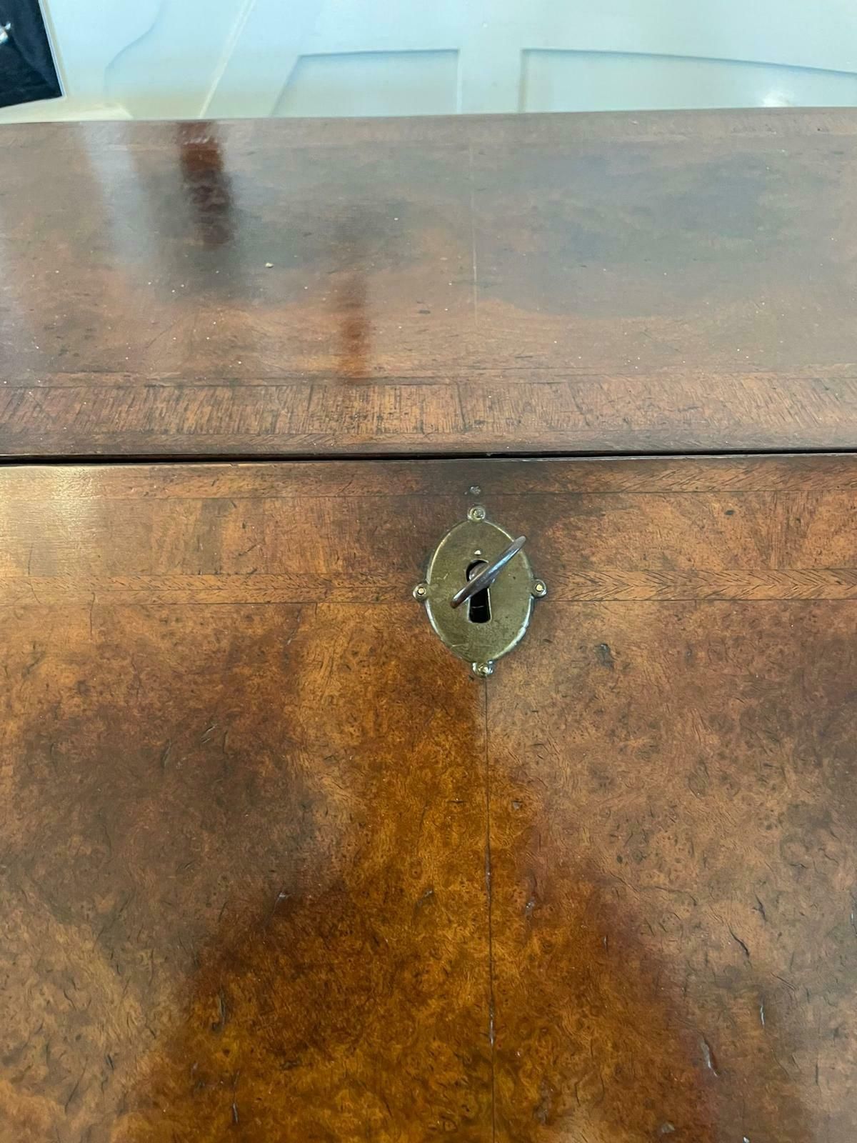 photo for sale Large Antique William And Mary Burr Walnut Herringbone Inlaid Two Part Bureau