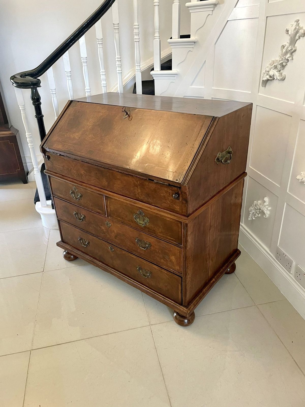 photo buy Large Antique William And Mary Burr Walnut Herringbone Inlaid Two Part Bureau