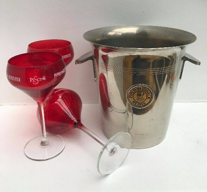 Franse Champagne Piper Heidsieck Ijsemmer Mid Century 3 Rode Glazen Roestvrijstalen Wijnkoeler Barkar Decoratie Tuinfeest Bruiloft Cadeau photo vintage