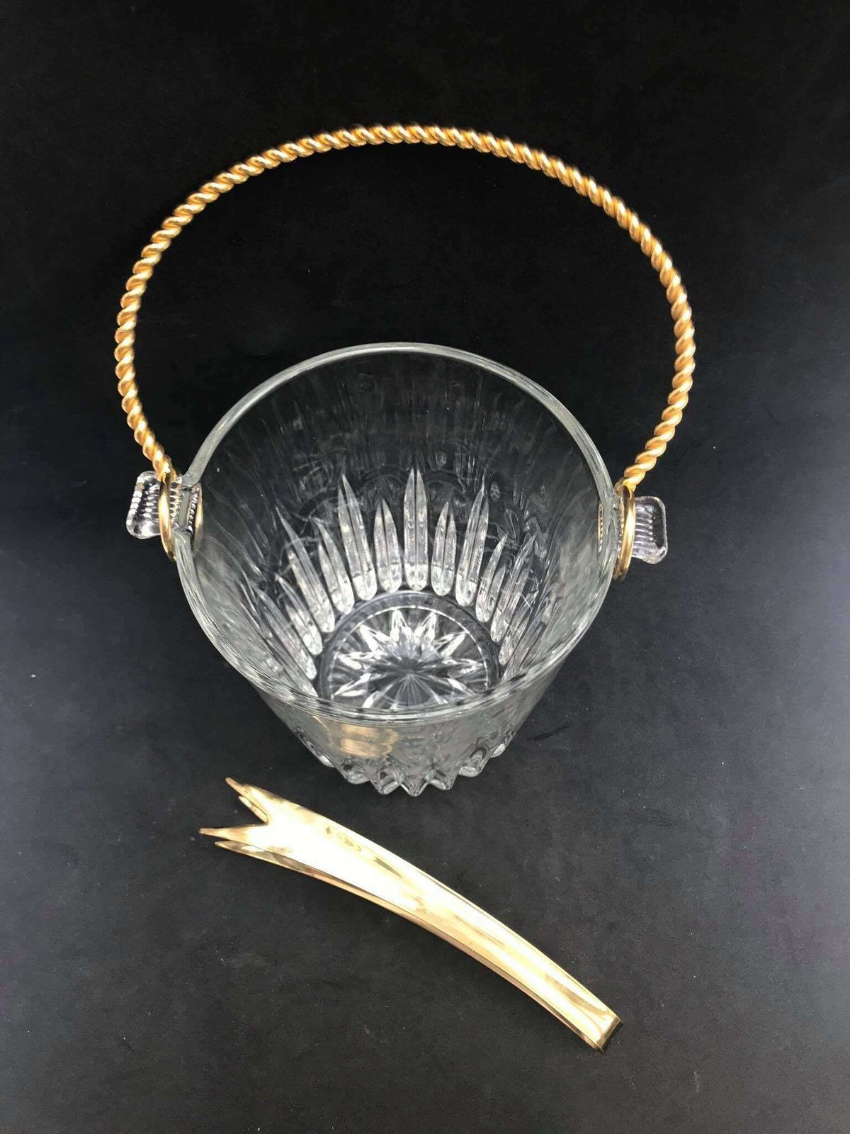 photo for sale Ice Bucket Vintage, Heavy Glass Ice Bucket Golden Handle , 50s. Carved, Bar Accessories, Mid Century Modern, Vintage Bar, Cocktails.