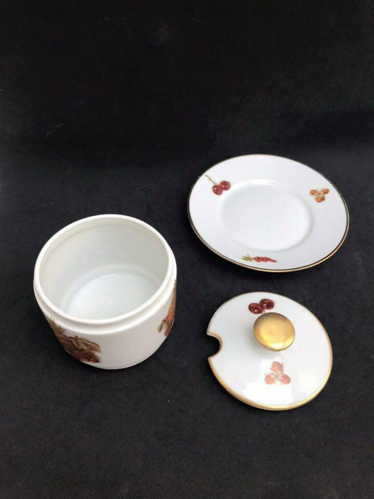 Jam Pot Sugar Bowl With Lid Alka Kunst Alboth And Kaiser Fruits Gold Porcelain Bowl Vintage Jelly Sugar Mustard Condiment Jar 1960s photo for sale
