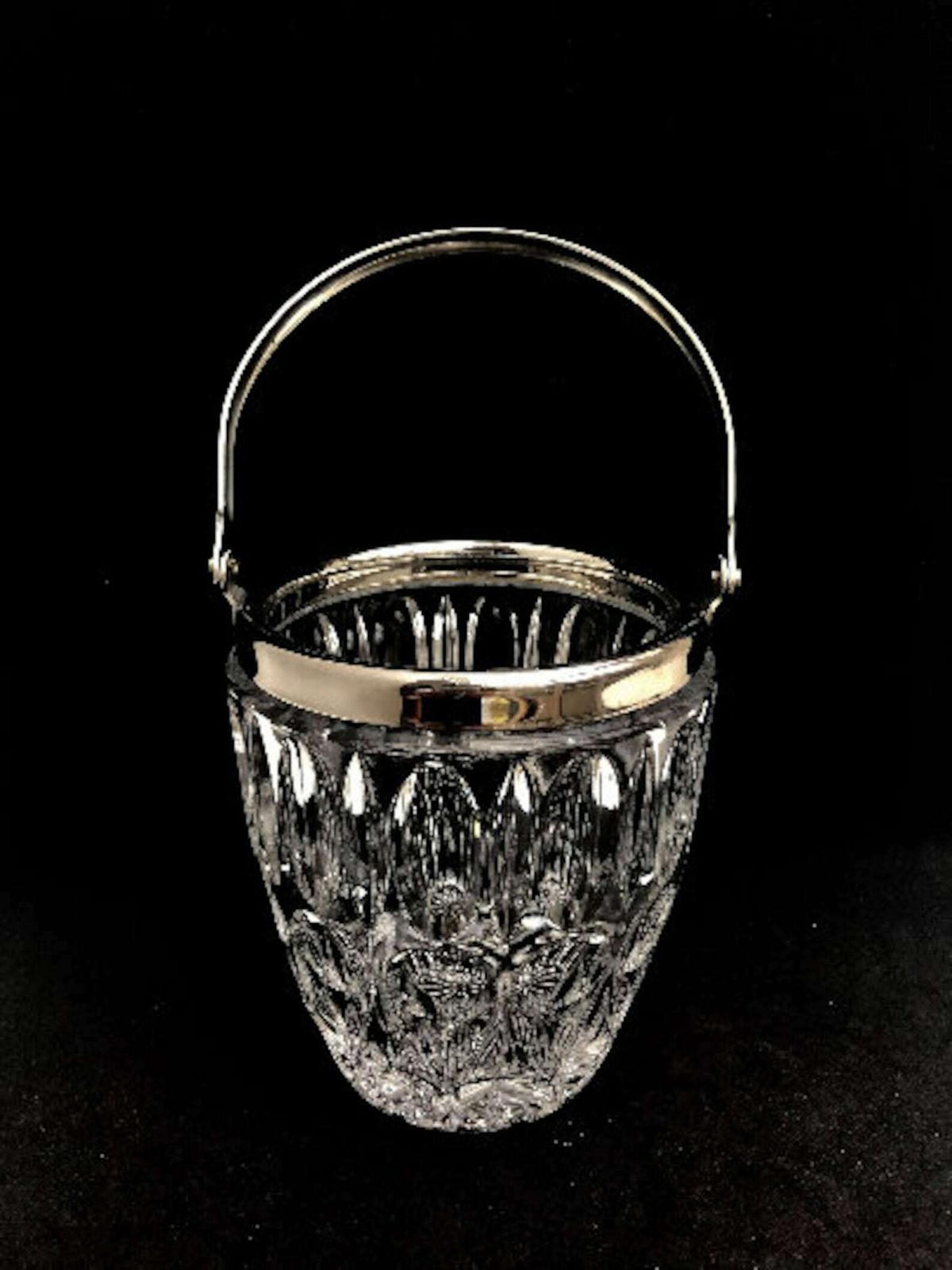 Crystal Cut Ice Bucket 50s Carved Silvered Metal, Mid Century Heavy Silver Plated French Bar Accessory Bar Cart Decor Gift For Him Bartender photo furniture