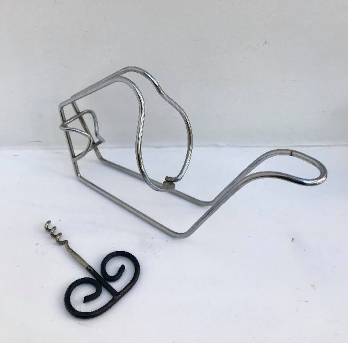Wine Cradle Bottle Holder Wire Metal Wine Holder And Bottle Opener Corkscrew Wire Mid Century Bar Accessories, Gift For Him Bar Tools photo vintage
