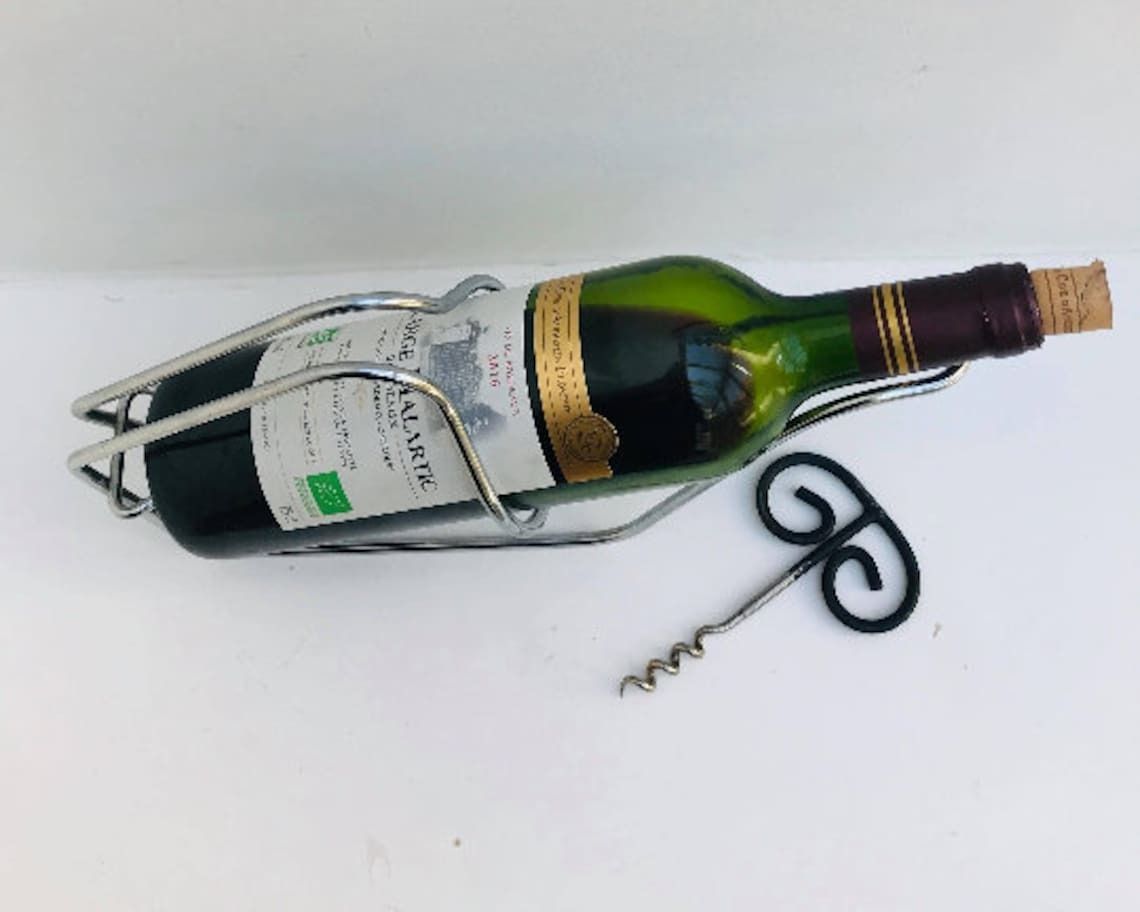 photo furniture Wine Cradle Bottle Holder Wire Metal Wine Holder And Bottle Opener Corkscrew Wire Mid Century Bar Accessories, Gift For Him Bar Tools