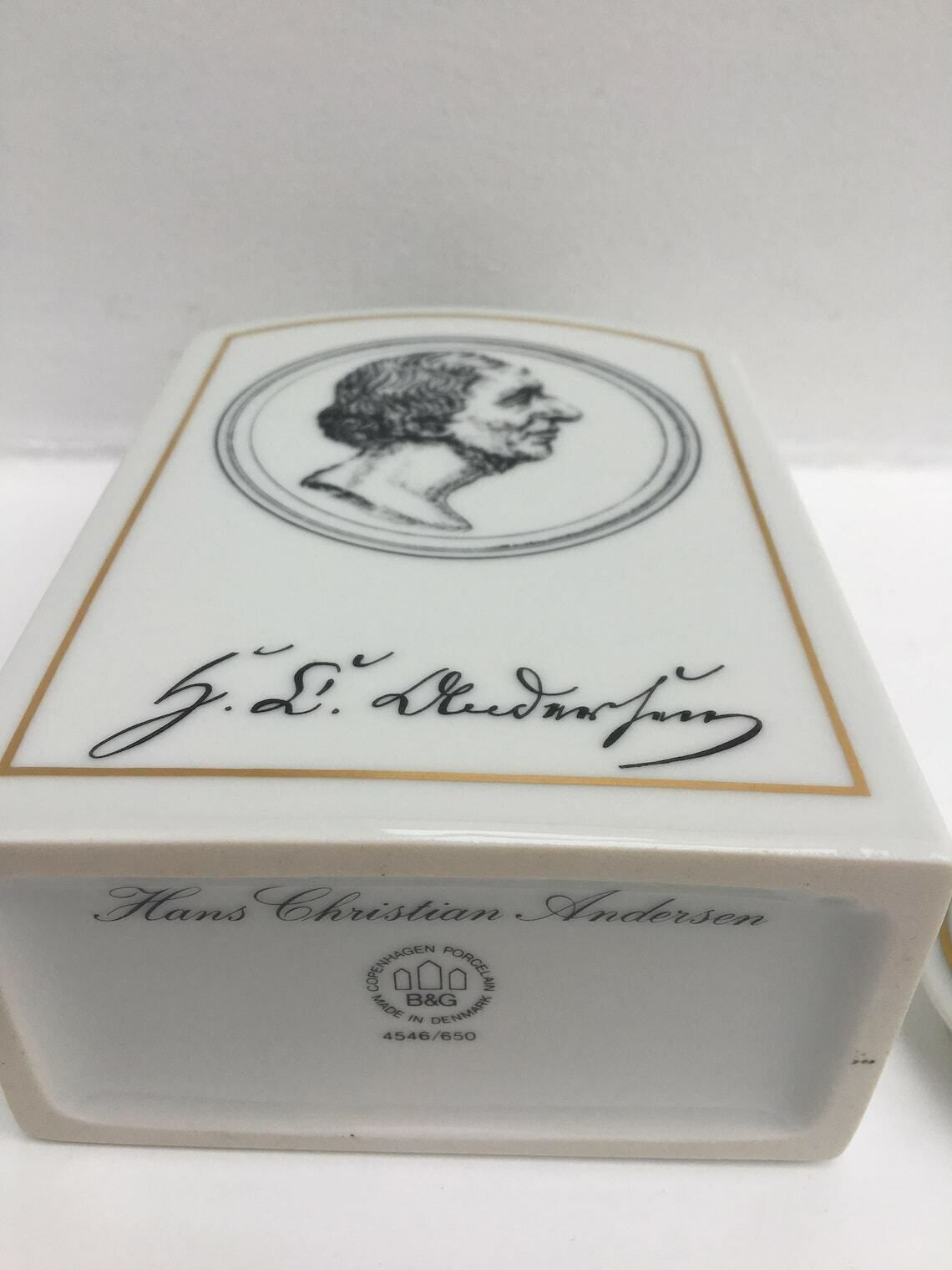 photo for sale Tea Caddy Bing & Grondahl B And G White Porcelain Canister Hans Christian Andersen Tea Caddy Denmark Danish Design Gift For Her Gold Trime