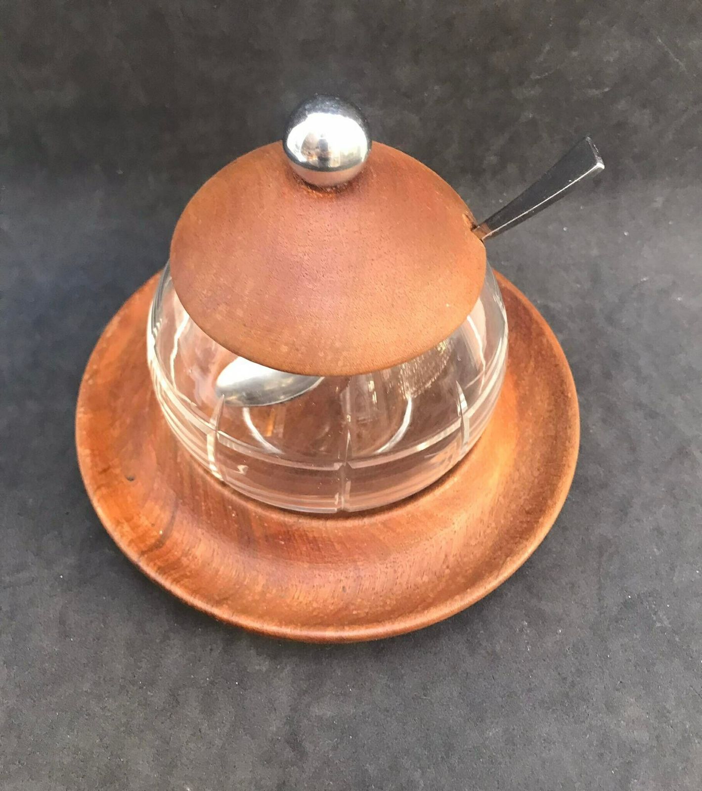 photo for sale Danish Sugar Bowl Vintage Jam Bowl With Lid Mid Century Design, Scandinavian Glass And Teak Mcm Nordic Sweets Dish