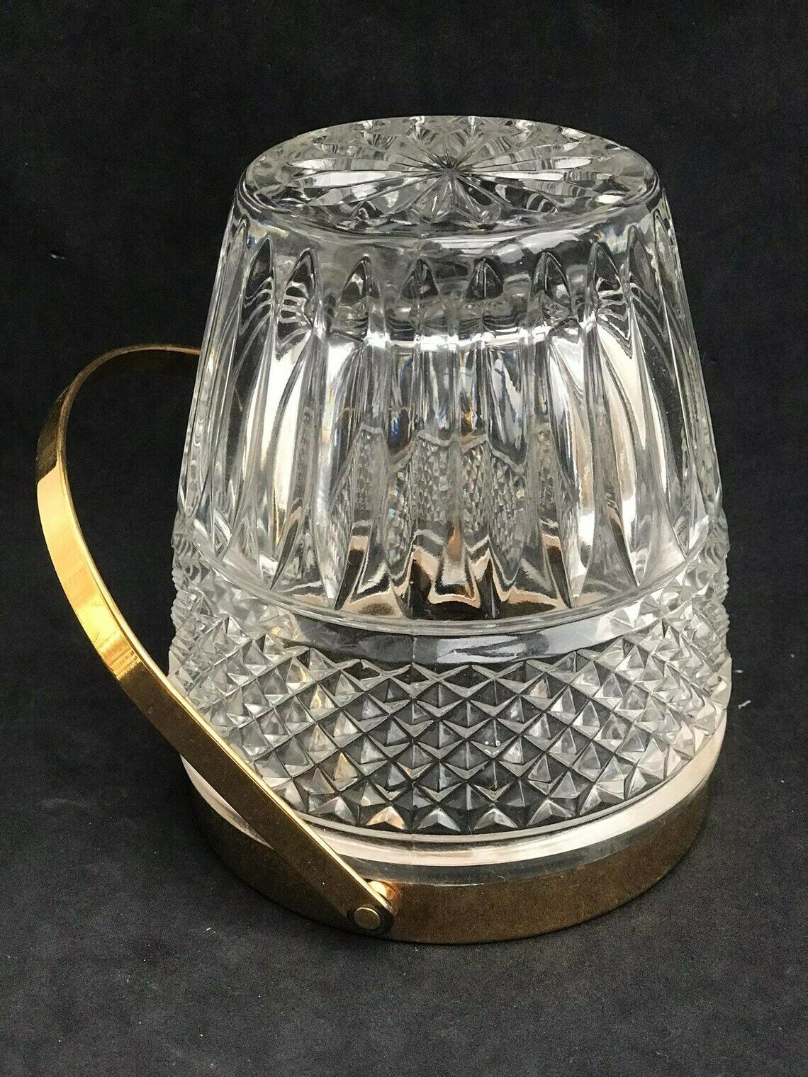 Ijsemmer Van Zwaar Gegoten Glas – Frans, Met Vergulde Metalen Handgrepen – Mid Century Barware, Mixologie Accessoires, Barkast, Hollywood Regency, Man Cave, Cadeau photo Woonaccessoires