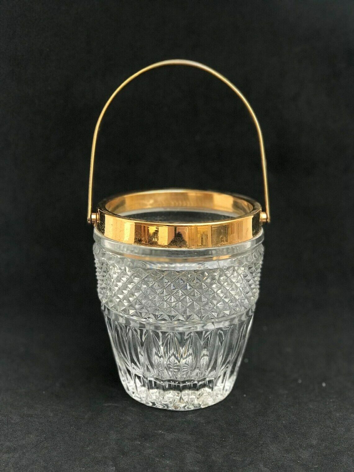 Ice Bucket Heavy Molded Glass French With Golden Metal Handles Mid Century Barware Mixology Tools Bar Cart Hollywood Regency Man Cave Gift photo 148.0