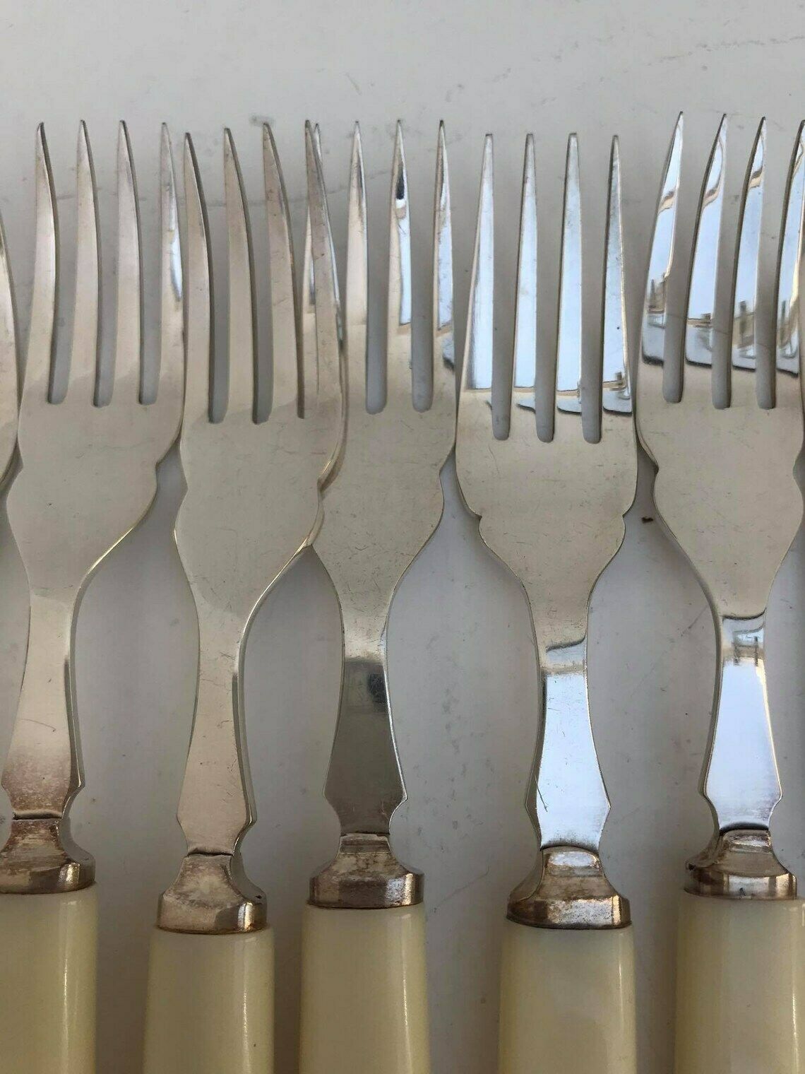 Fish Flatware Forks 12 Boxed Seafood Cutlery Silver Plated Bands, Stainless Steel And Ivorine Table Holiday Dinner Wedding Gift photo for sale