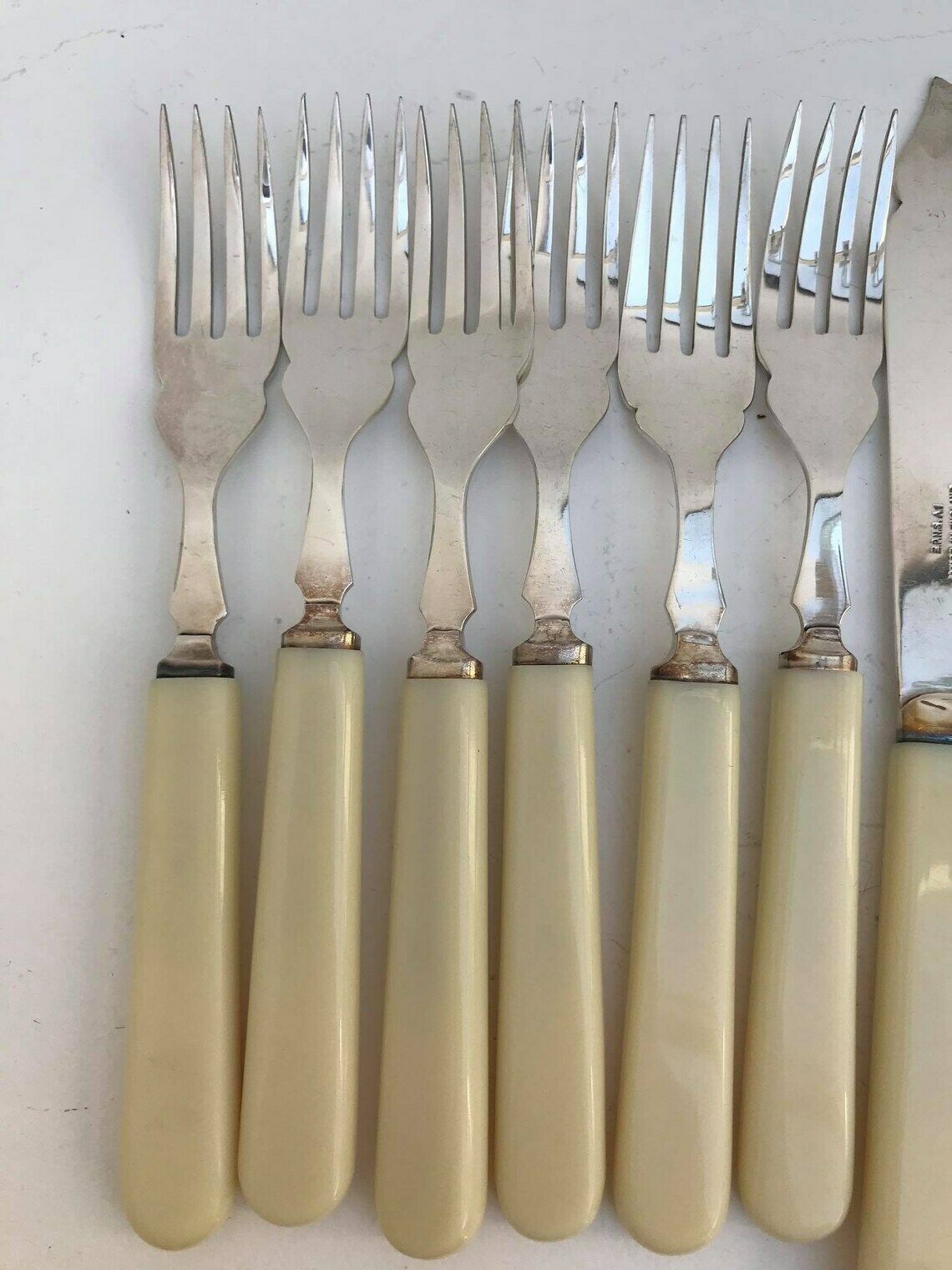 Fish Flatware Forks 12 Boxed Seafood Cutlery Silver Plated Bands, Stainless Steel And Ivorine Table Holiday Dinner Wedding Gift photo vinterior